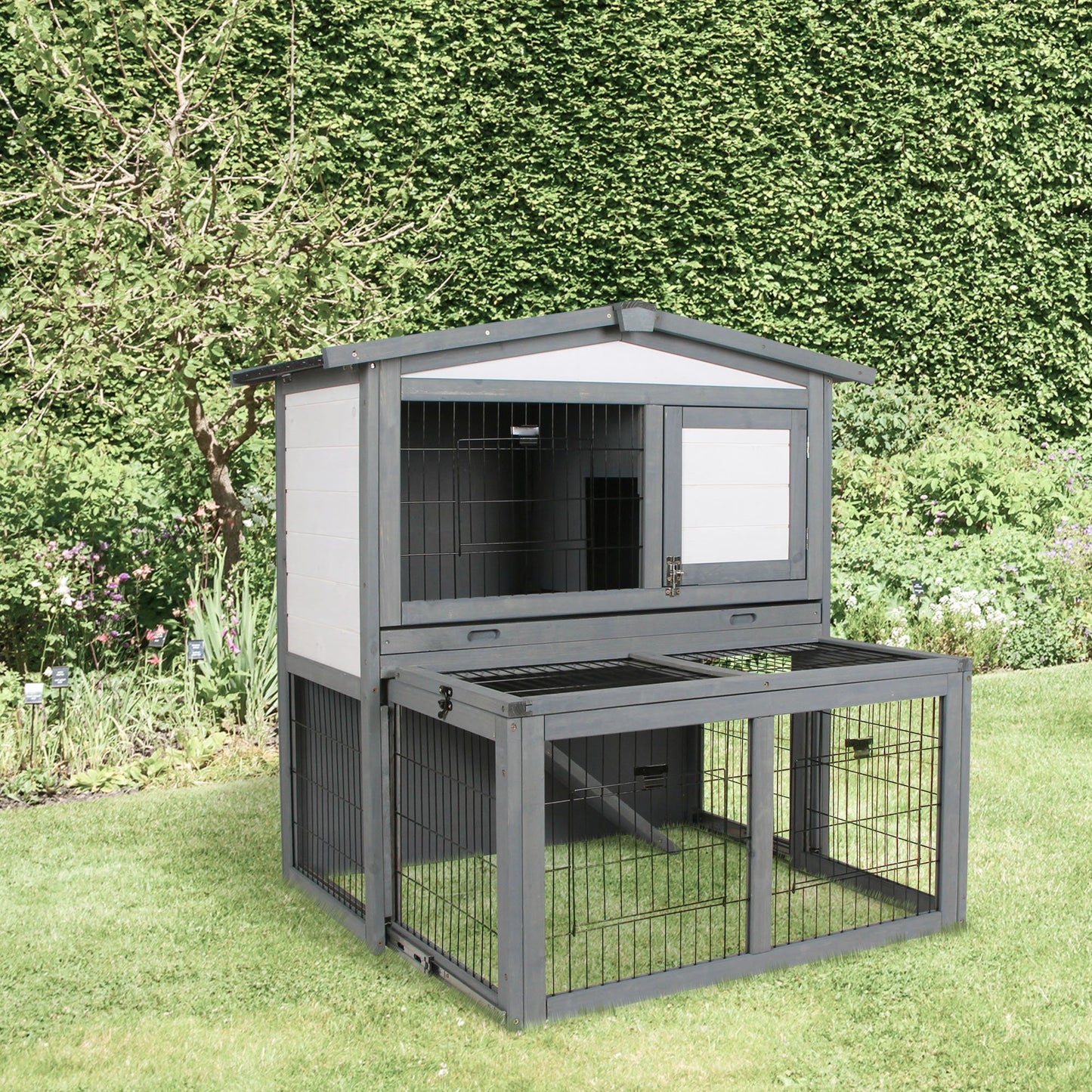 PawHut Deluxe Wooden 2 Story Rabbit Hutch w/ Slide-Out Outdoor Run Open Roof | Aosom Canada