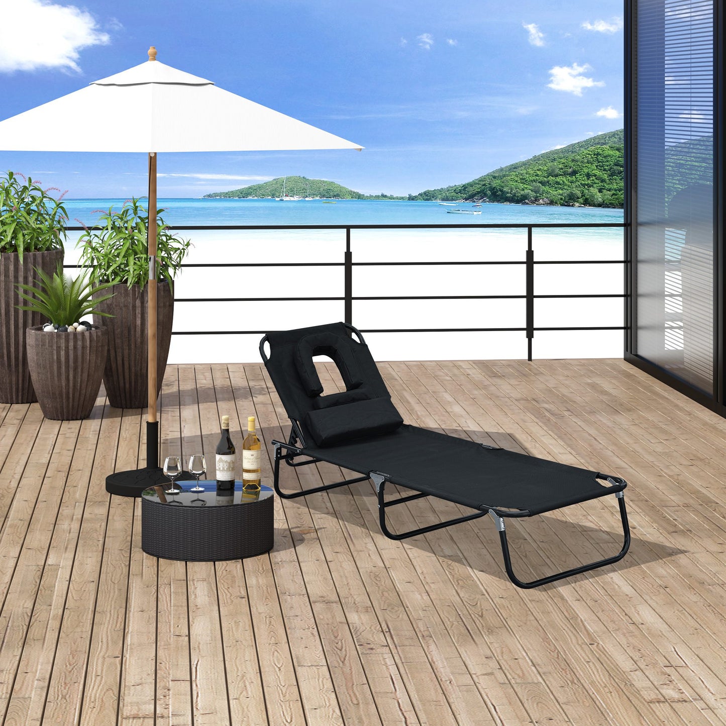 Outsunny Adjustable Garden Sun Lounger w/ Reading Hole Outdoor Reclining Seat Folding Camping Beach Lounging Bed Black | Aosom Canada
