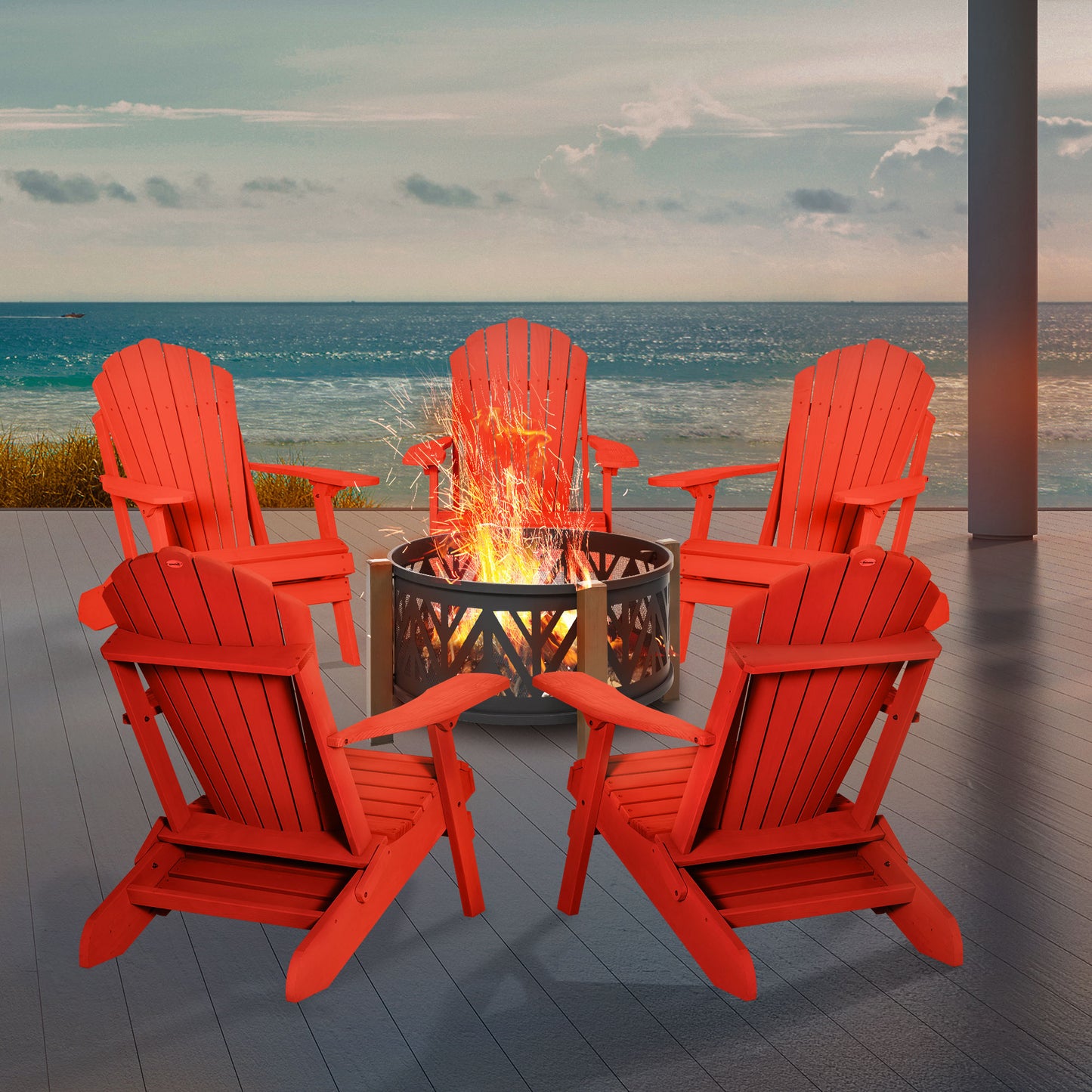 Outsunny Folding Adirondack Chair with Ottoman, Outdoor Wooden Lounger for Patio, Porch, Poolside, Garden, Red | Aosom Canada