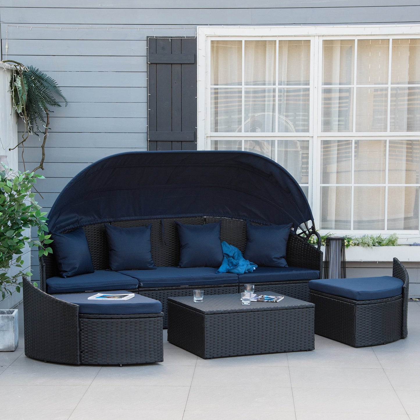 Outsunny 4 Pieces Patio PE Wicker Lounge Set, Outdoor Rattan Garden Conversation Furniture Set, Round Sofa Bed, Dark Blue | Aosom Canada