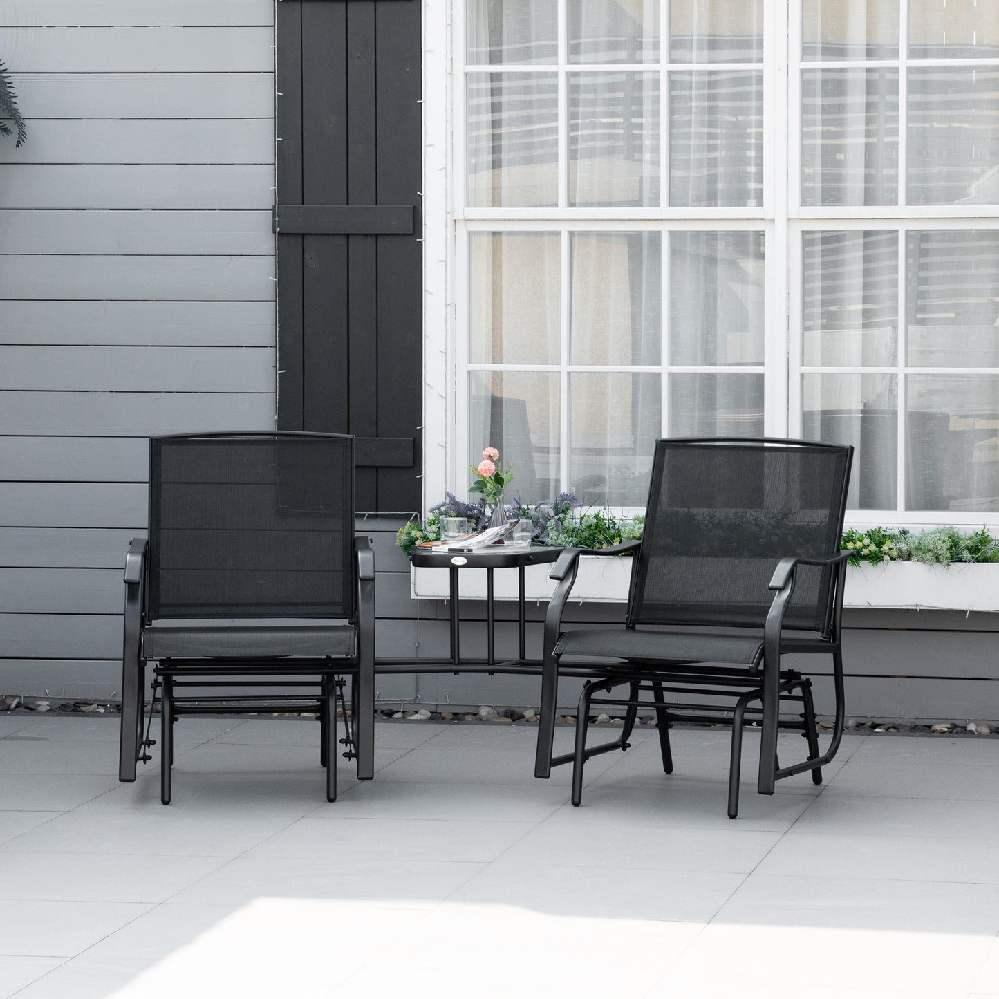 Outsunny Durable Double Glider Chair w/ Center Table Outdoor Comfortable High Back Armchair Set Sling Fabric Garden Bench, Black | Aosom Canada