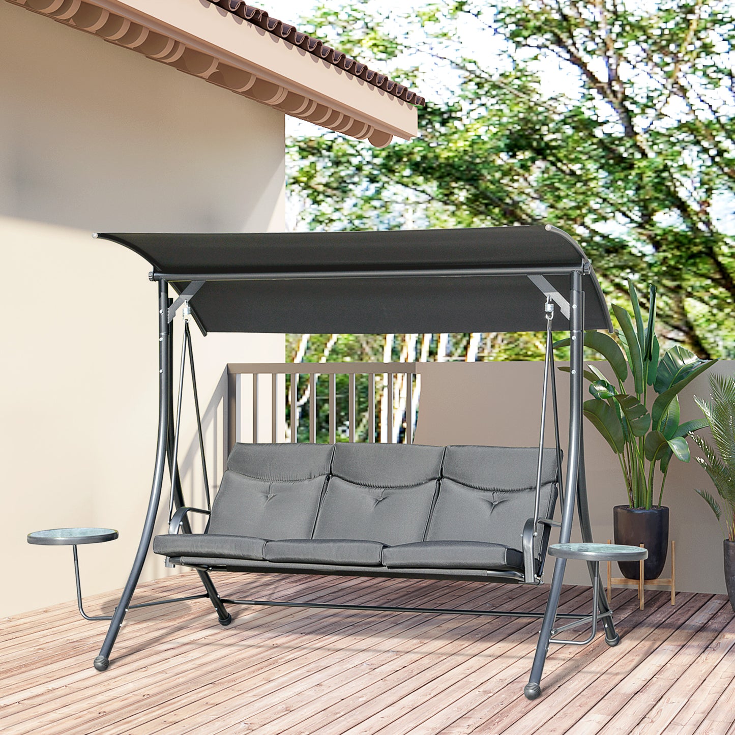 Outsunny 3 Seat Swing Chair Steel Swing Bench Chair With Adjustable Canopy & Coffee Tables & Cushion for Patio Garden, Black | Aosom Canada