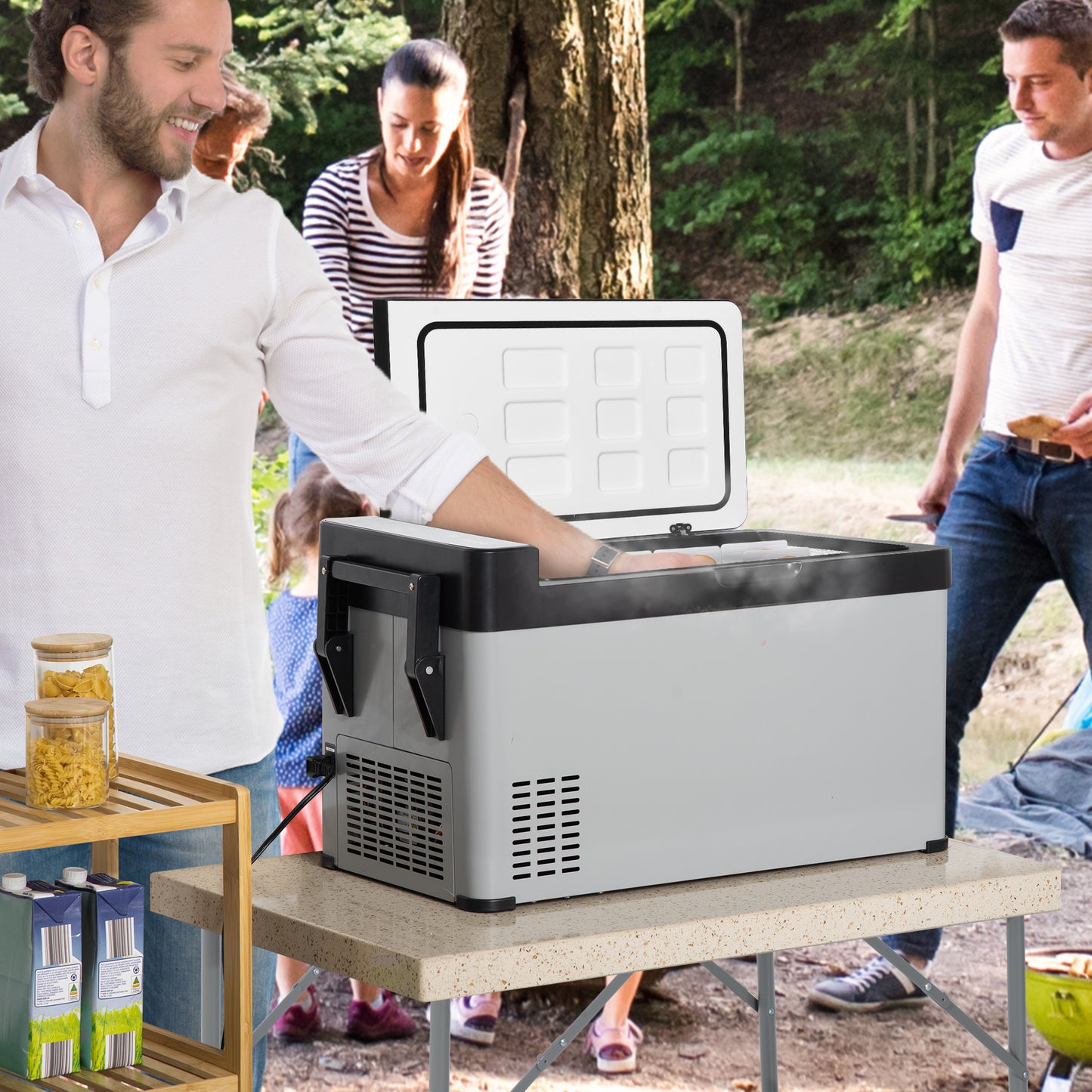 Outsunny 12 Volt Car Refrigerator, 42 Quart Portable Refrigerator, Dual Zone Fridge Freezer with 12/24V DC and 110-240V AC | Aosom Canada