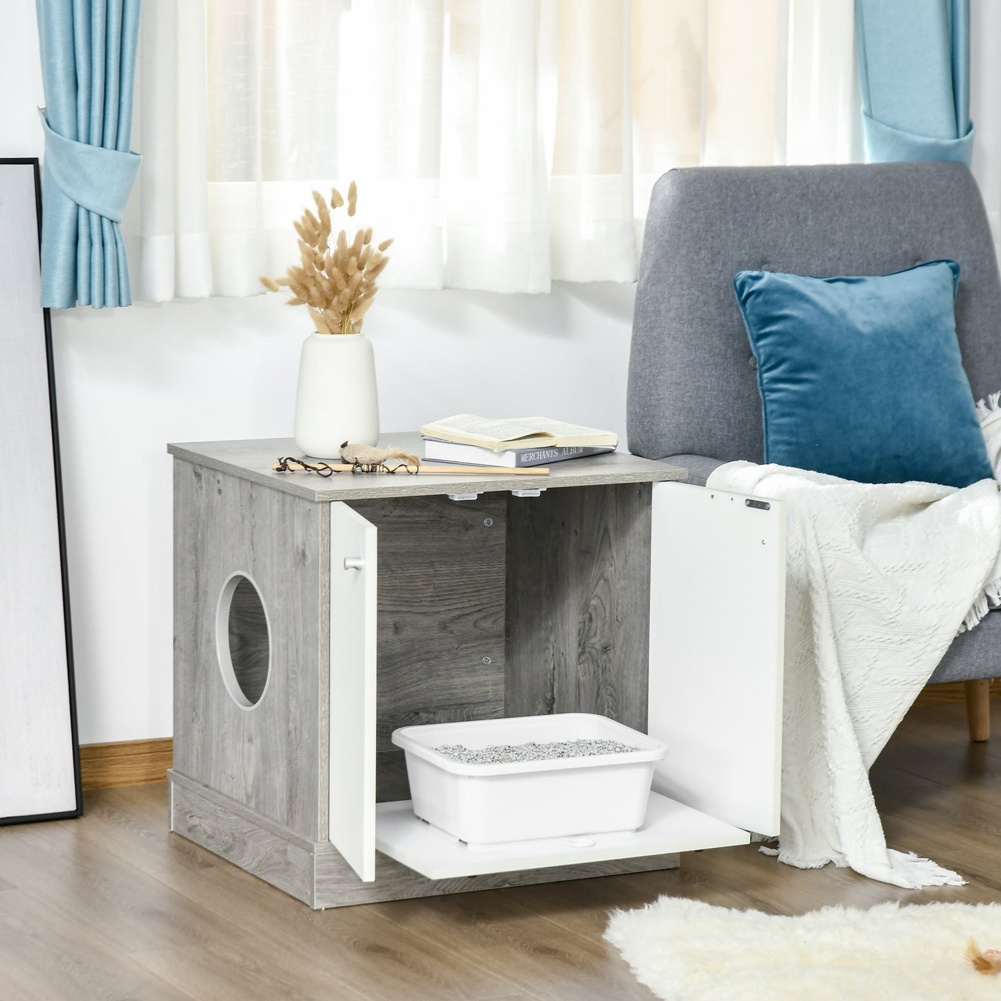 PawHut Cat Washroom Pet Litter Box Decorative Kitten House Nightstand End Table Indoor with Magnetic Door Slide-out Board Grey Oak | Aosom Canada