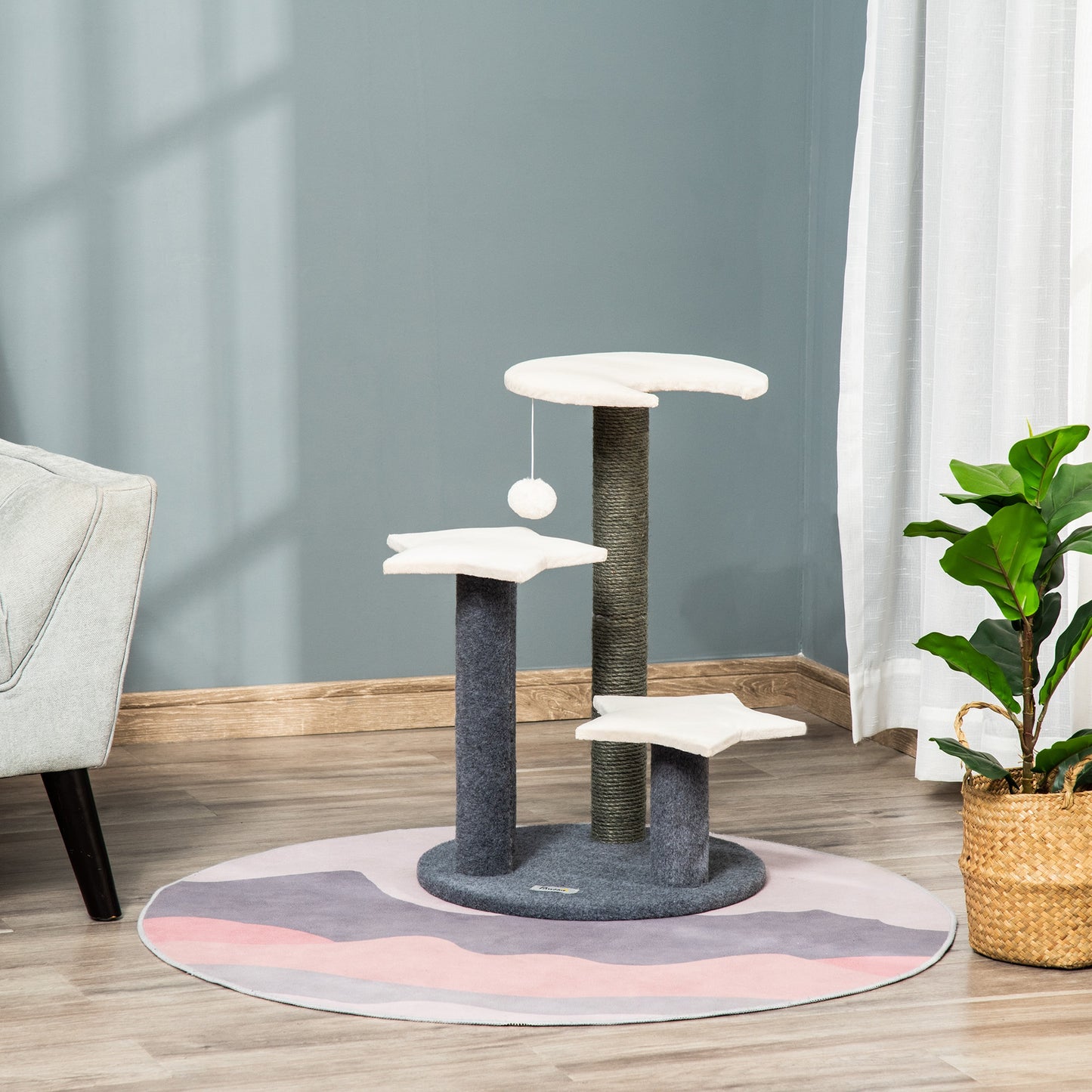 PawHut 30" Cat Tree Kitty Activity Center Climbing Toy Rest Pet Furniture with Moon Star Shaped Perch Hanging Ball Grey, White | Aosom Canada