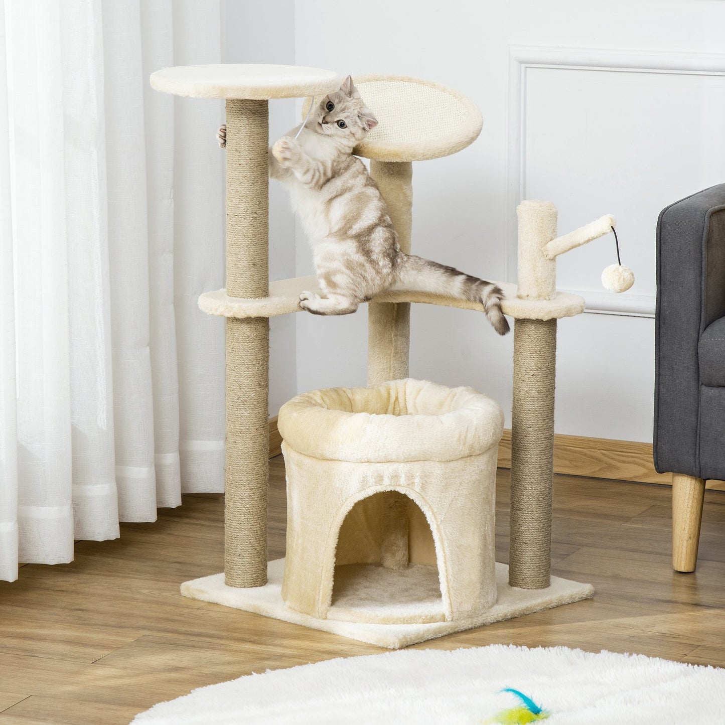 PawHut Cat Tree Tower Kitten Multi-Level House with Condo Bed Scratching Post Pad Perch Ball Toy 19x19x34.25 Inches, Beige | Aosom Canada
