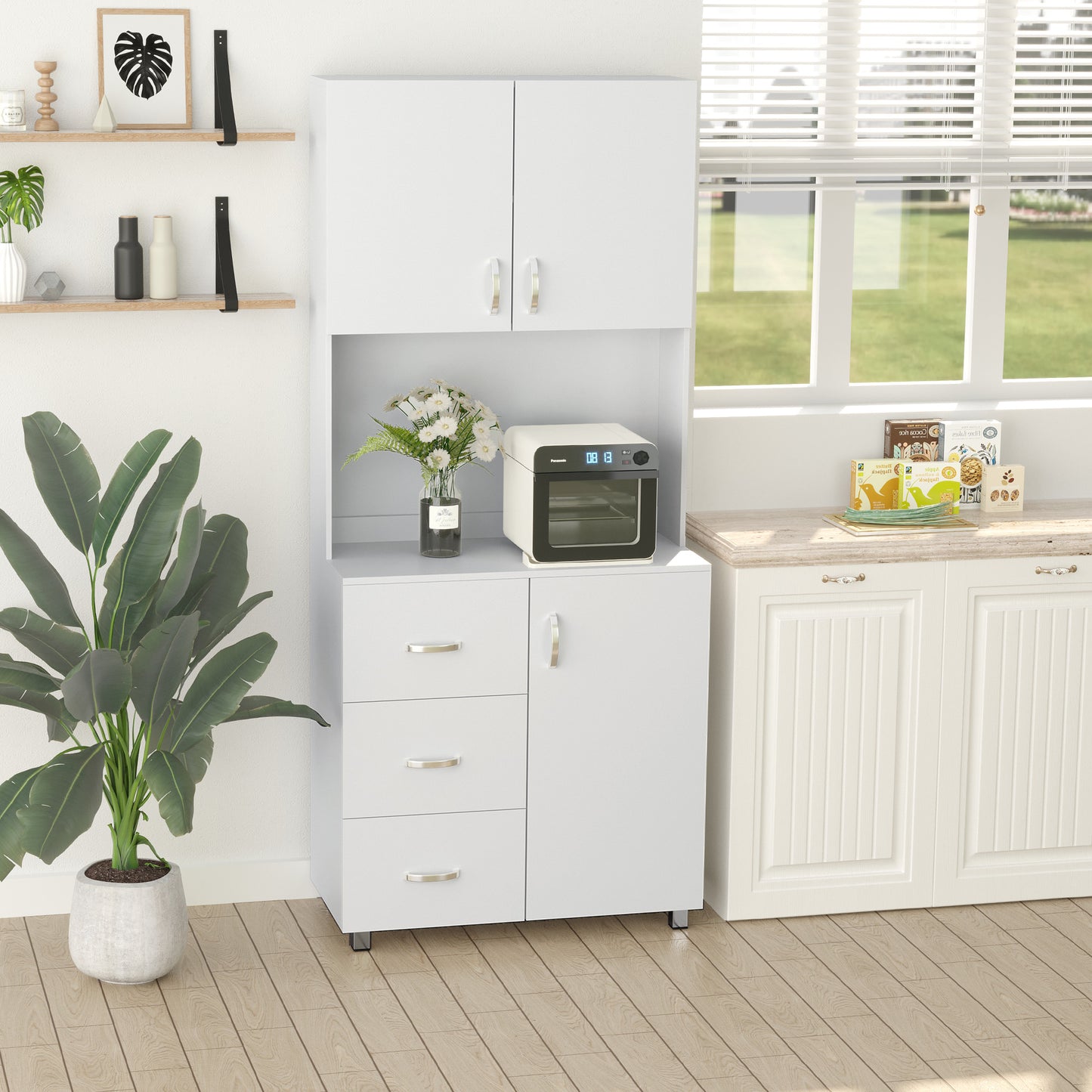 HOMCOM Freestanding Kitchen Pantry Buffet with Hutch, Storage Organizer with 2 Door Cabinets, 3 Drawers, White | Aosom Canada