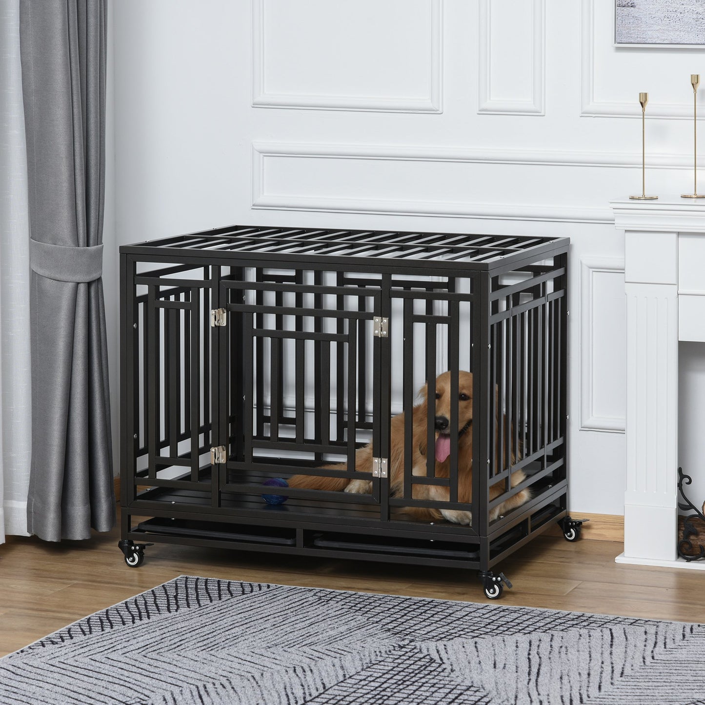 PawHut 45" Heavy Duty Steel Dog Crate Kennel Pet Cage with Wheels & 1 Doors for Convenient Access Anti-Pinching Floor, Black | Aosom Canada