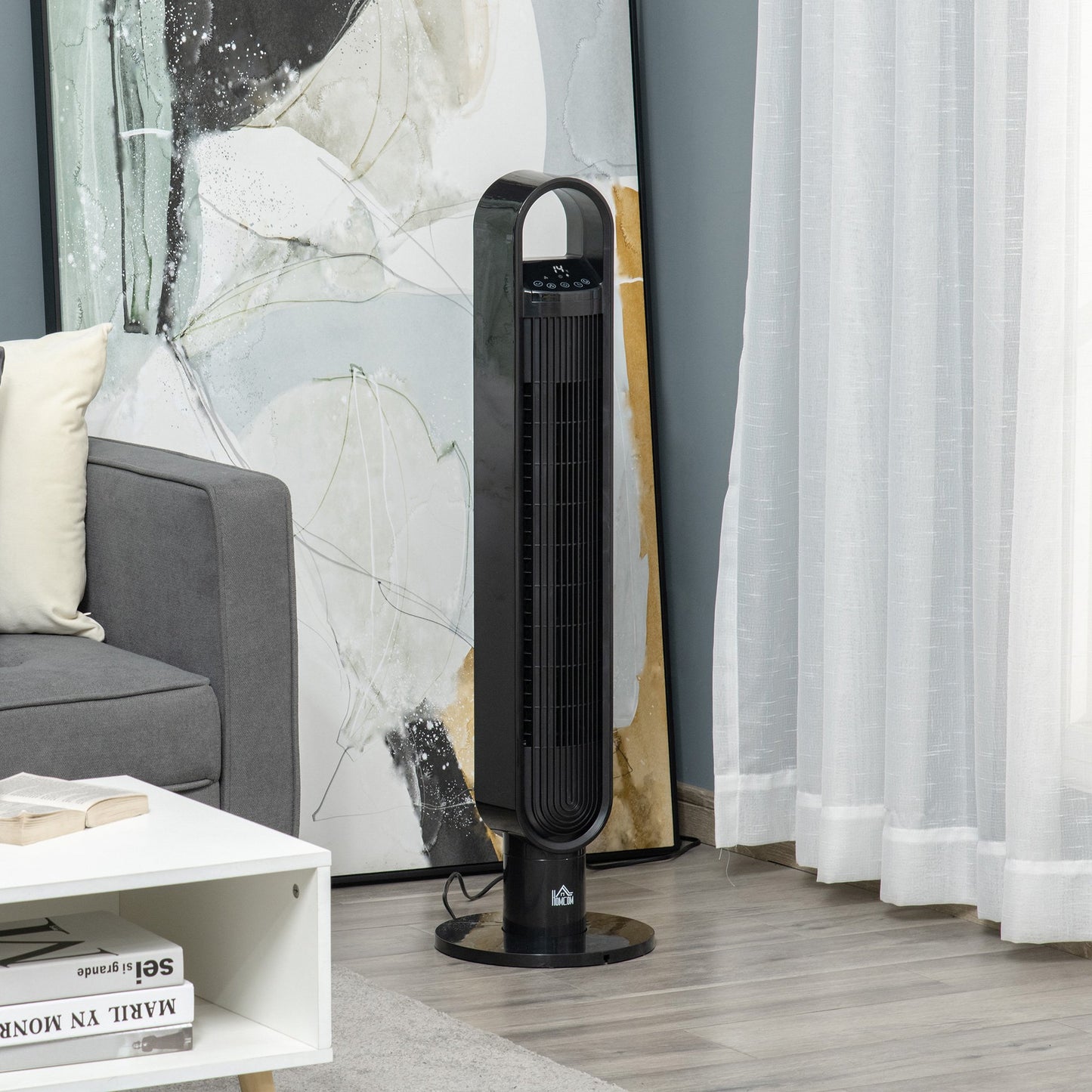 HOMCOM Freestanding Tower Fan Cooling for Home Bedroom with Oscillating, 3 Speed, 12h Timer, LED Sensor Panel, Remote Controller, Black | Aosom Canada