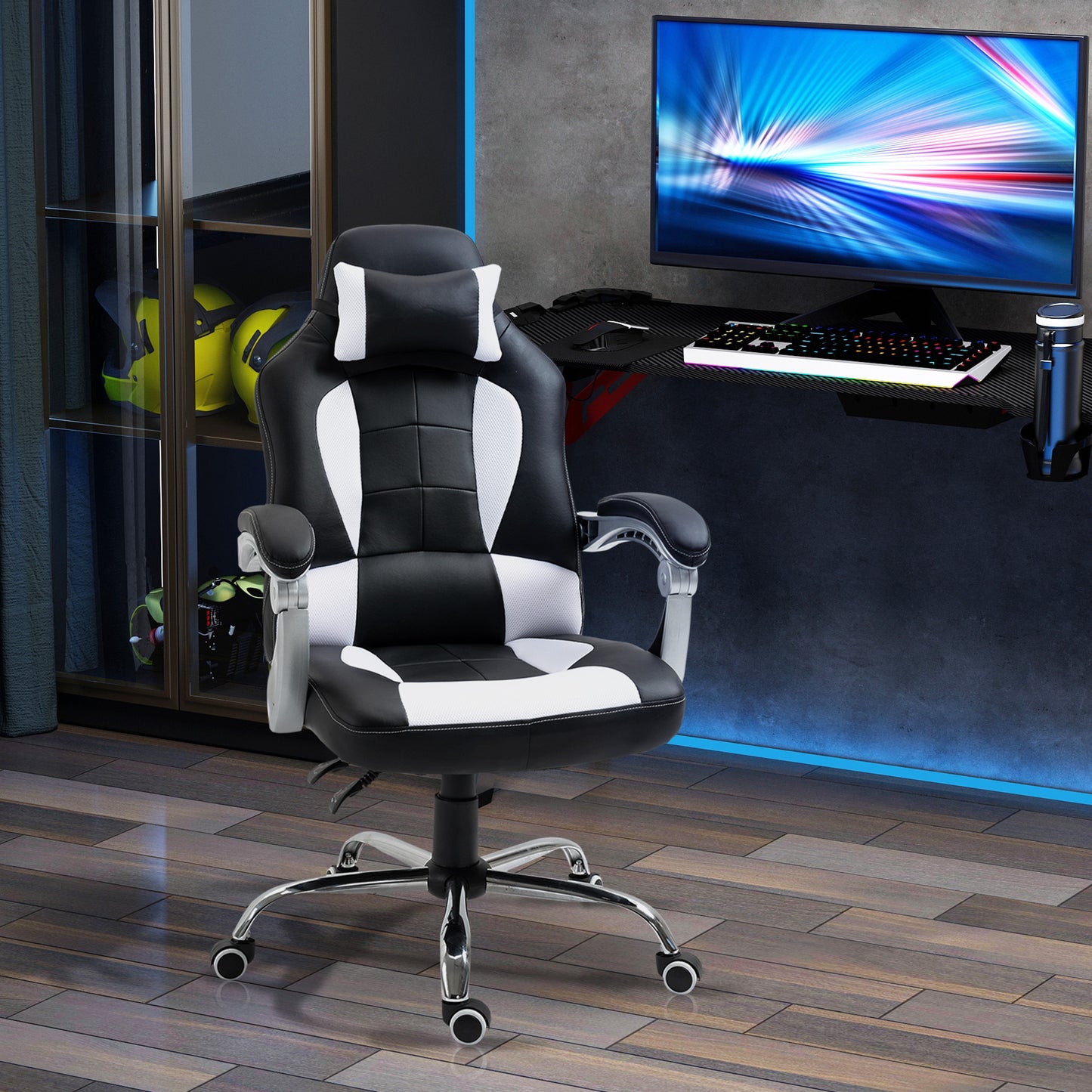 HOMCOM High Back Office Chair, Executive Racing Gaming Chair, Adjustable Recliner with Removable Headrest Pillow, White and Black | Aosom Canada