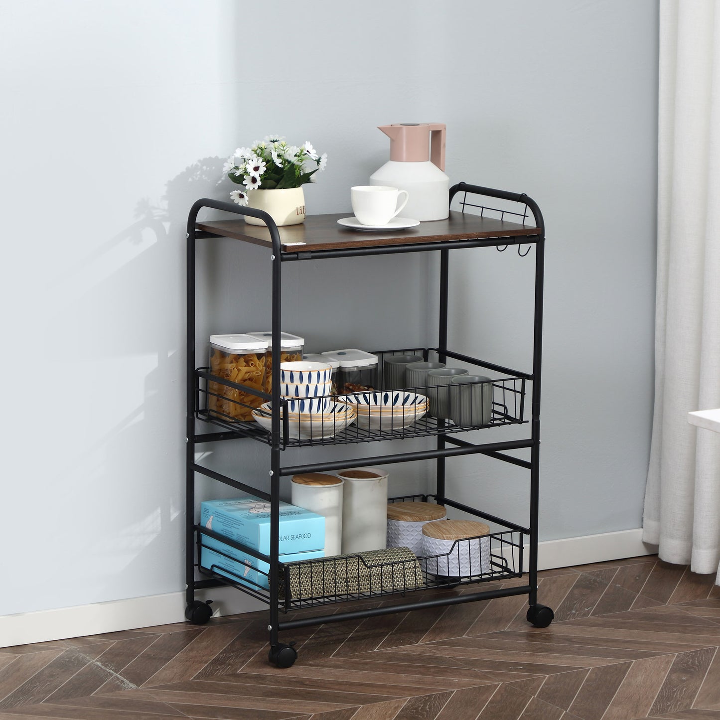 HOMCOM Rolling Kitchen Cart, 3-Tier Utility Storage Cart with 2 Basket Drawers & Side Hooks, Lockable Casters for Dining Room | Aosom Canada