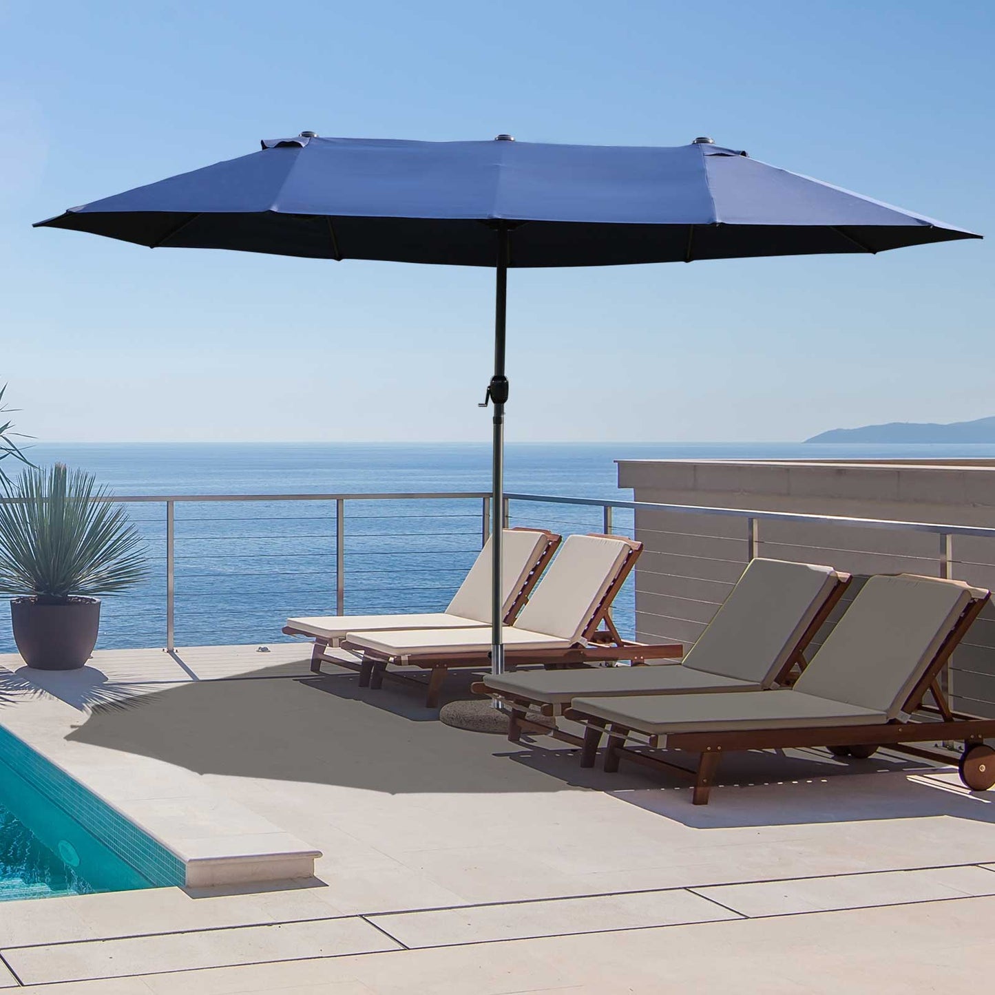Outsunny 15' Outdoor Patio Umbrella with Twin Canopy Sunshade Steel Table Umbrella with Lift Crank Blue | Aosom Canada