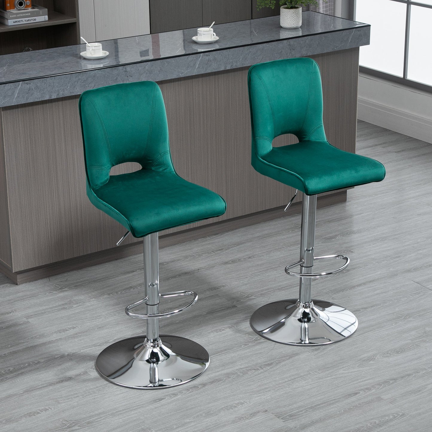 HOMCOM Modern Bar stool Set of 2 Armless Adjustable Height Fabric Upholstered Bar Chair with Swivel Seat, Green | Aosom Canada