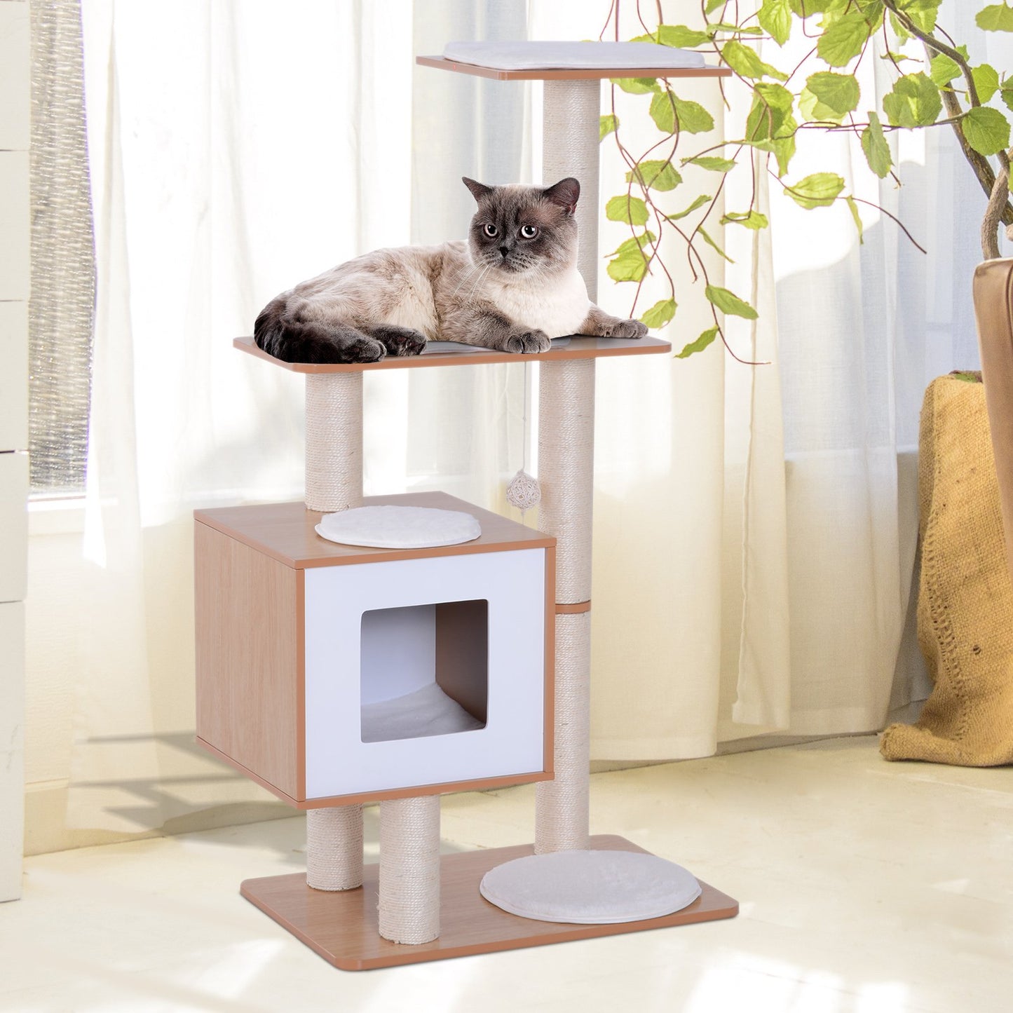 Pawhut Cat Climber Wooden Cat Tree 47" Premium Wood Cat Condo Scratching Post Kitten Activity Center W/ Cushions Pet Furniture | Aosom Canada