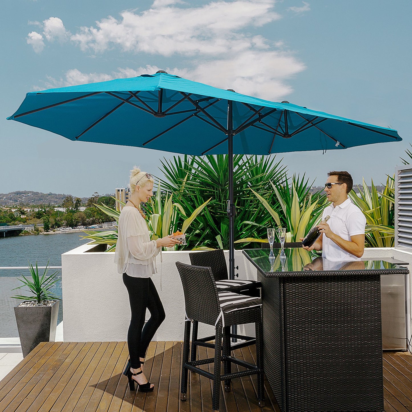 Outsunny 15' Outdoor Patio Umbrella with Twin Canopy Sunshade Steel Table Umbrella with Lift Crank Sky Blue | Aosom Canada