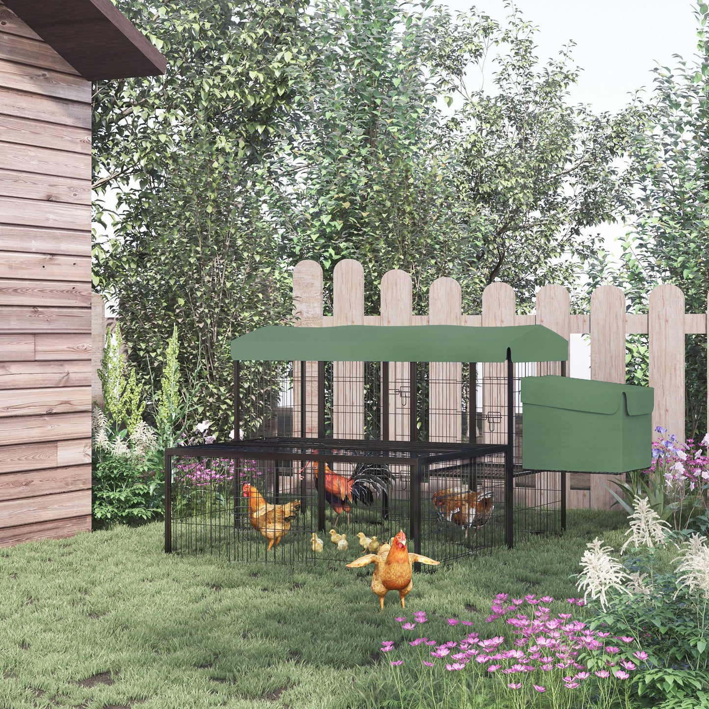 PawHut Metal Chicken Coop, Outdoor Hen House Poultry Cage with Water-Resistant Canopy, Run, Nesting Box, Lockable Doors, Green | Aosom Canada