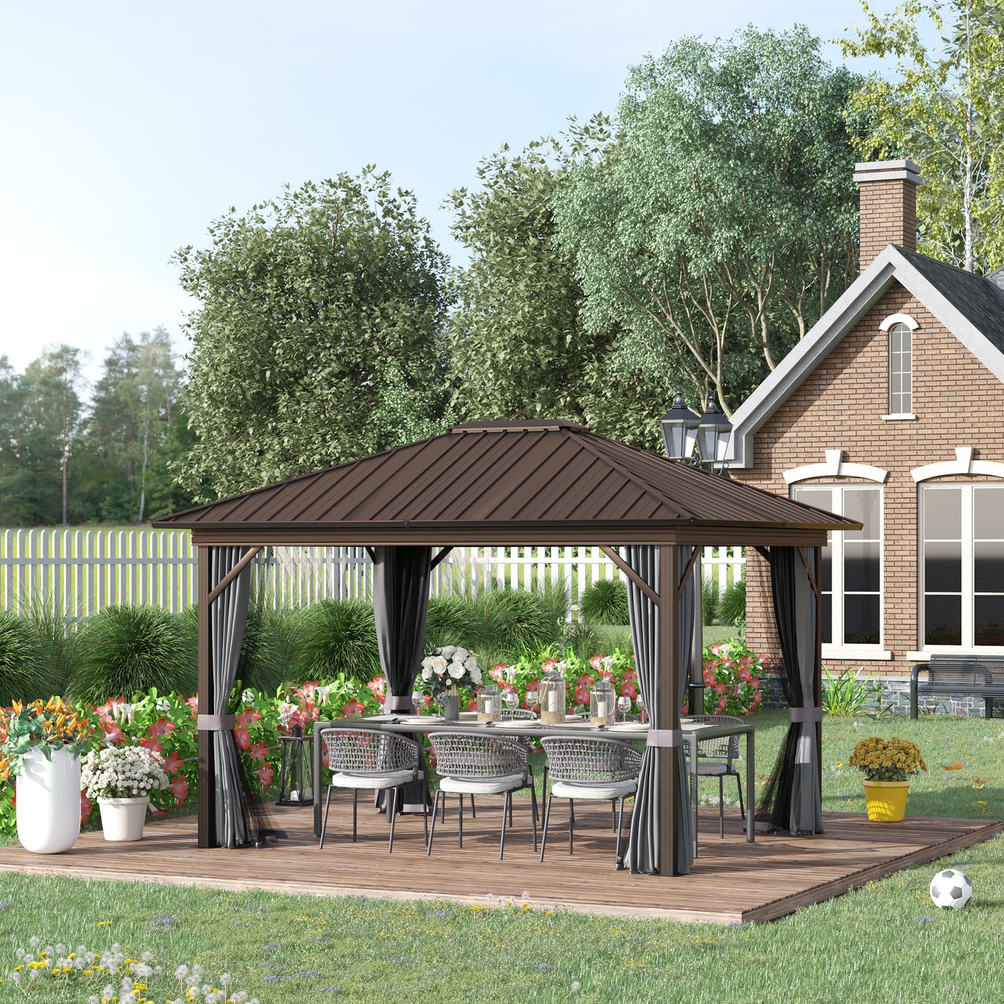 Outsunny 10' x 12' Outdoor Hardtop Gazebo Metal Roof Patio Gazebo with Aluminum Frame, Mesh Nettings, Curtains, Dark Grey | Aosom Canada