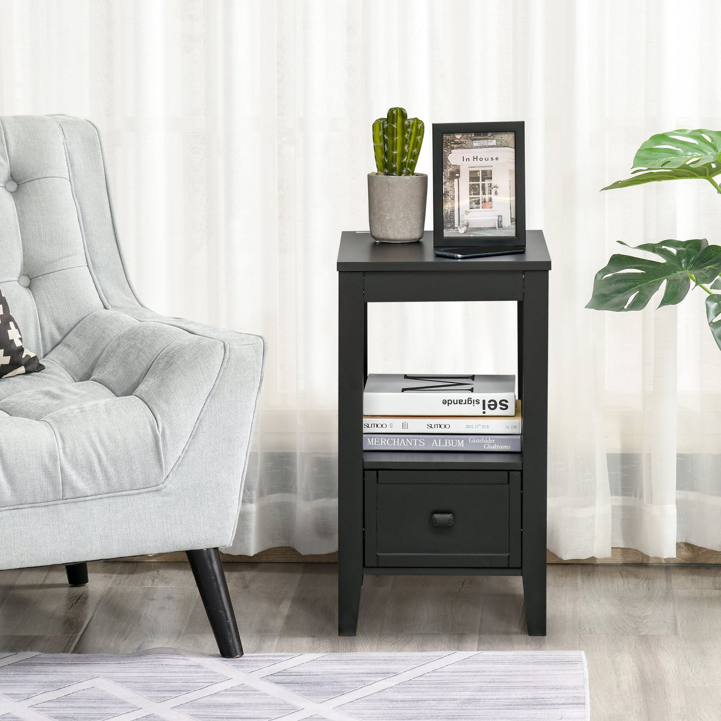 HOMCOM Side Table, Modern Coffee End Table with Drawer and Shelf, Nightstand for Bedroom, Living Room, Black | Aosom Canada