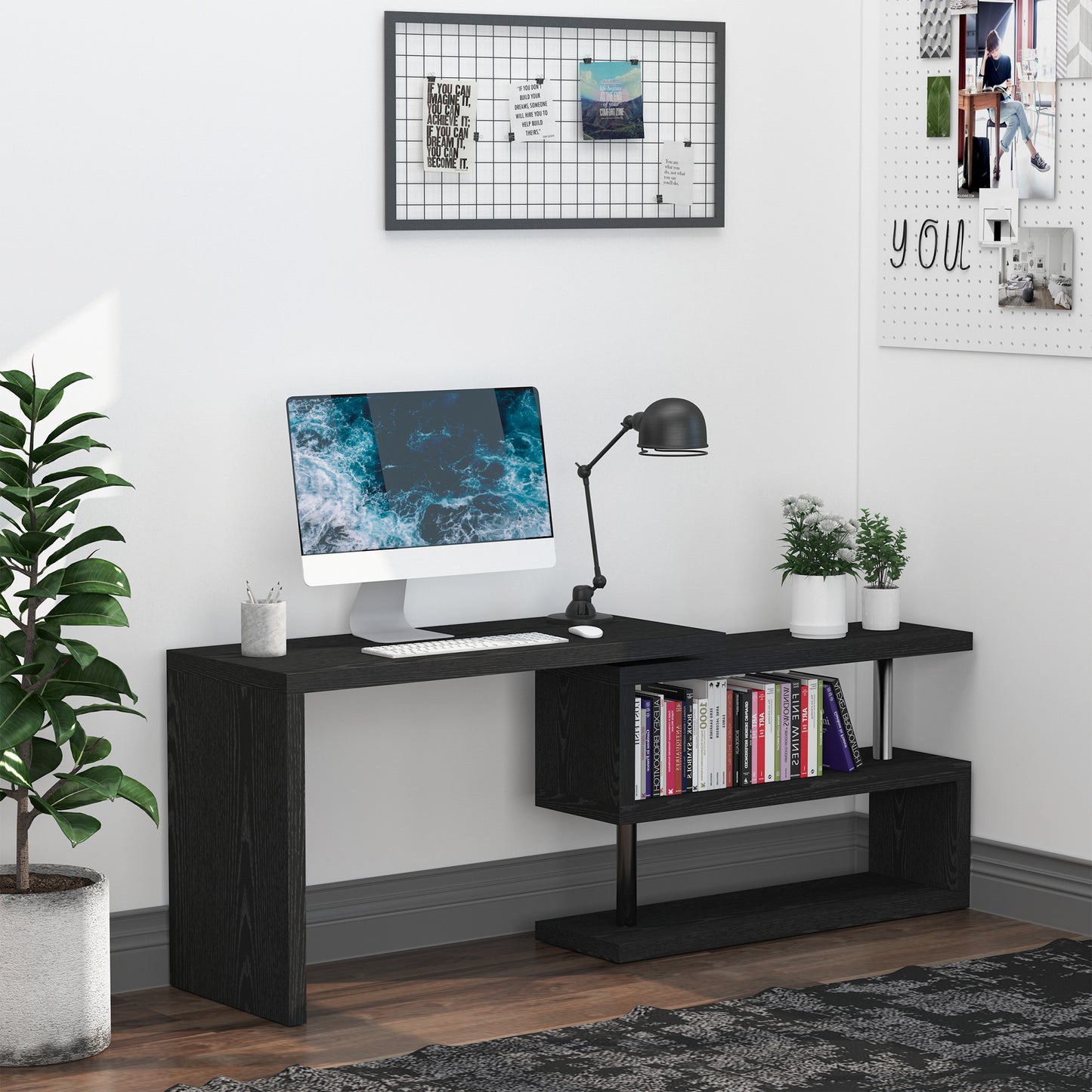 HOMCOM L-Shaped Desk, 360° Rotating Computer Corner Desk, Home Office Writing Table Workstation with Storage Shelf, Black | Aosom Canada