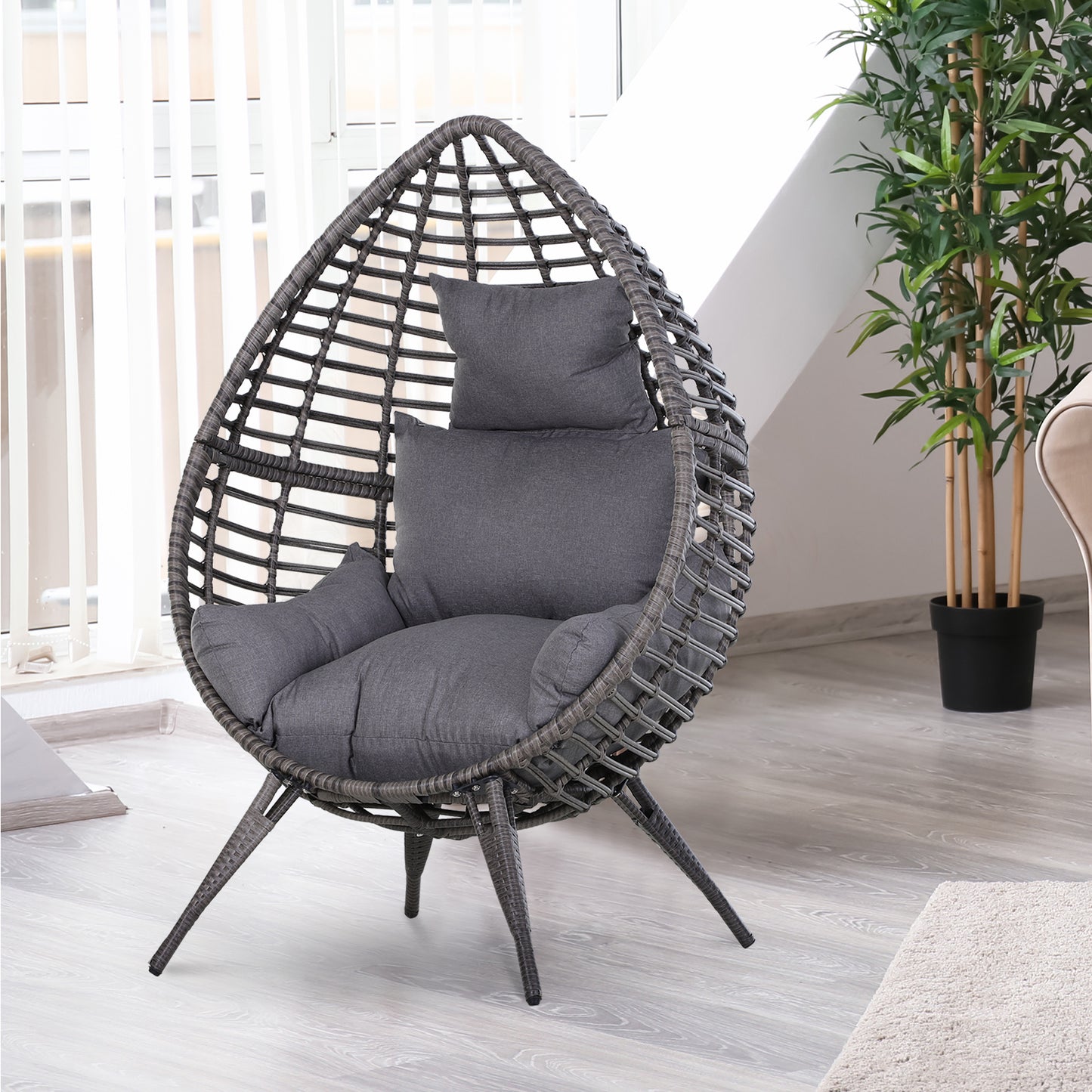 Outsunny Rattan Wicker Lounge Chair with Soft Cushion, Outdoor/Indoor Egg Teardrop Cuddle Chair with Height Adjustable Knob, Grey | Aosom Canada