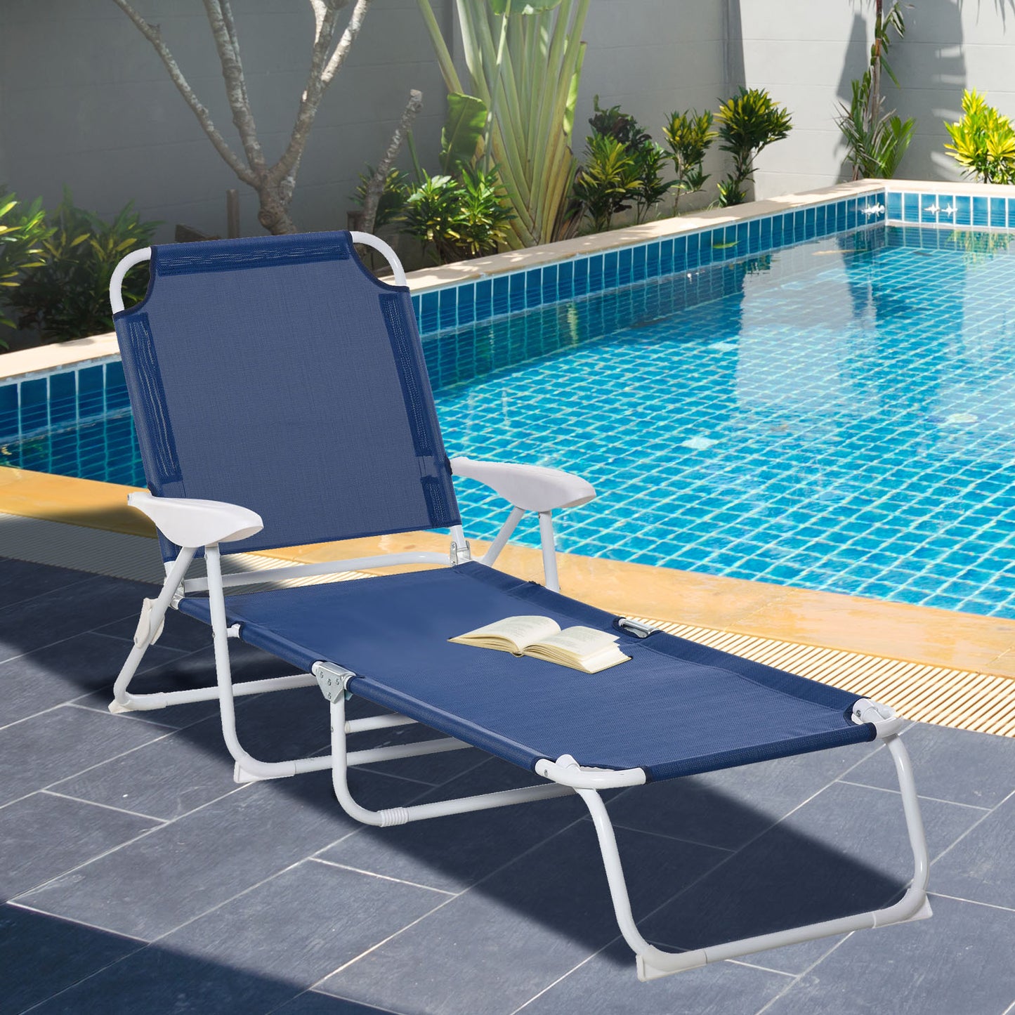 Outsunny Folding Sun Beach Lounger Patio Garden Reclining Lounge Chair with 4-Level Adjustable Backrest Blue | Aosom Canada
