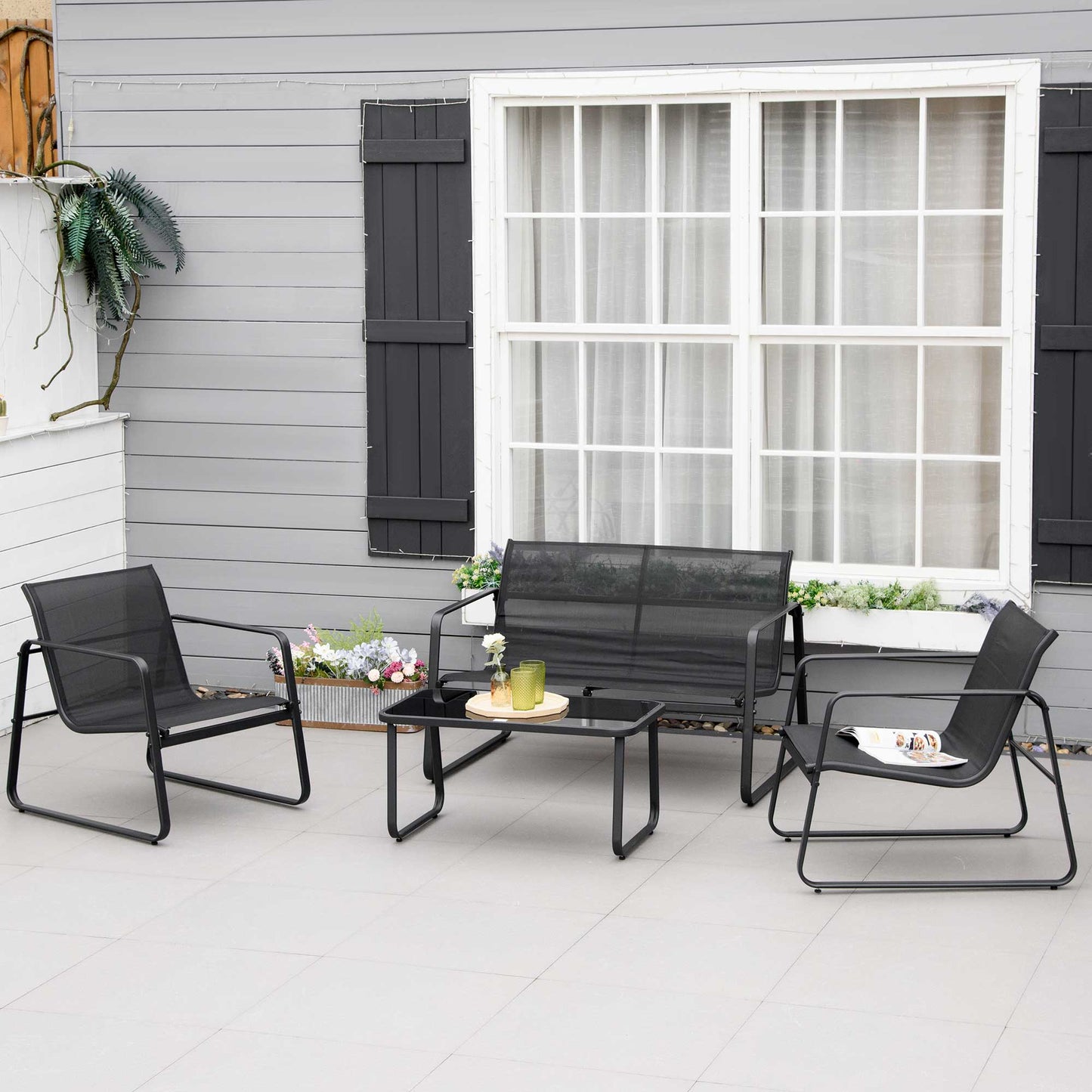 Outsunny 4 PCs Patio Furniture Set with Texteline Seat Outdoor Conversation Set with Loveseat, Center Coffee Table, Black | Aosom Canada