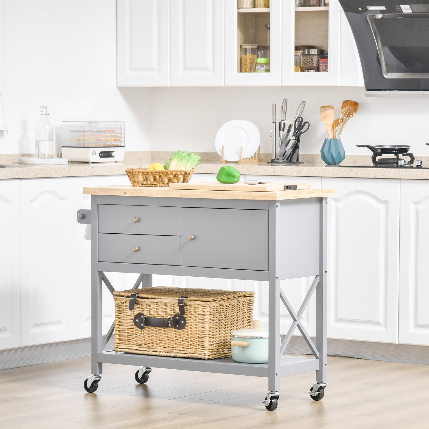 HOMCOM Kitchen Cart, Rolling Kitchen Island with Storage Drawers, Coffee Cart with Rubberwood Top, Grey | Aosom Canada