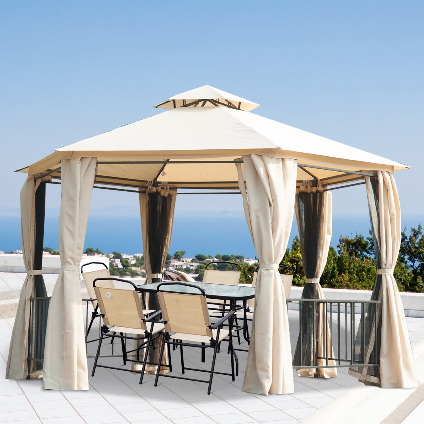 Outsunny 13ft Hexagon Gazebo Outdoor Canopy Shelter with Netting and Shaded Curtains Beige | Aosom Canada
