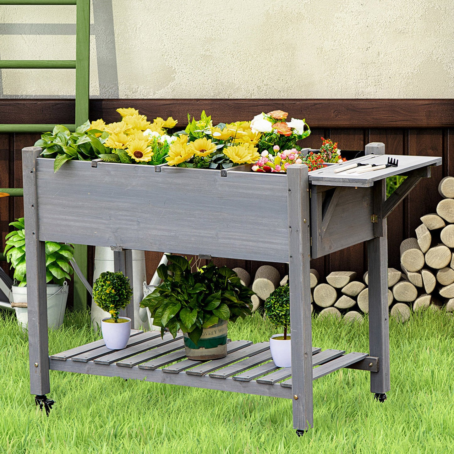 Outsunny 49" x 21" x 34" Raised Garden Bed Plant Stand Wooden Raised Garden Plant Stand Outdoor Wood Tall Flower Bed Box, Grey | Aosom Canada