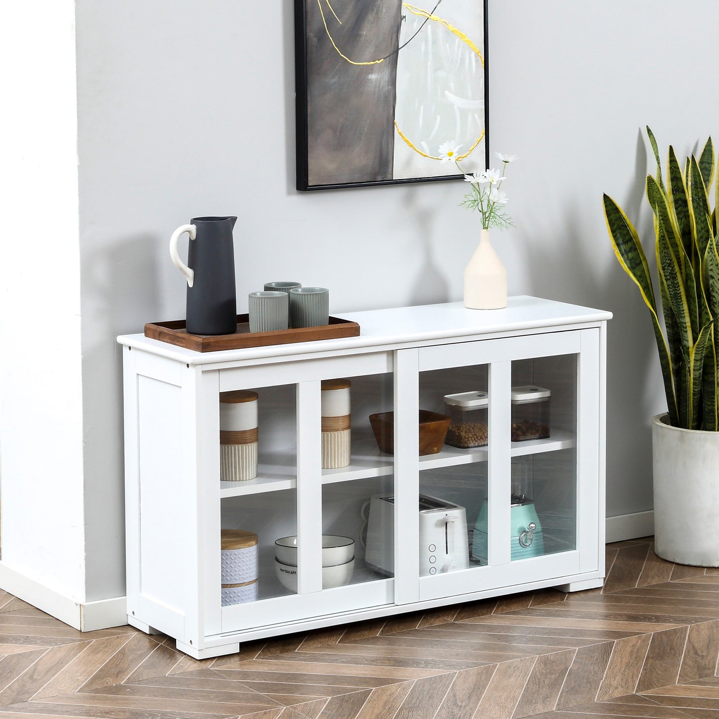 HOMCOM Modern Kitchen Sideboard, Stackable Storage Cabinet, Sliding Glass Door Console, Cupboard Serving Buffet, White | Aosom Canada