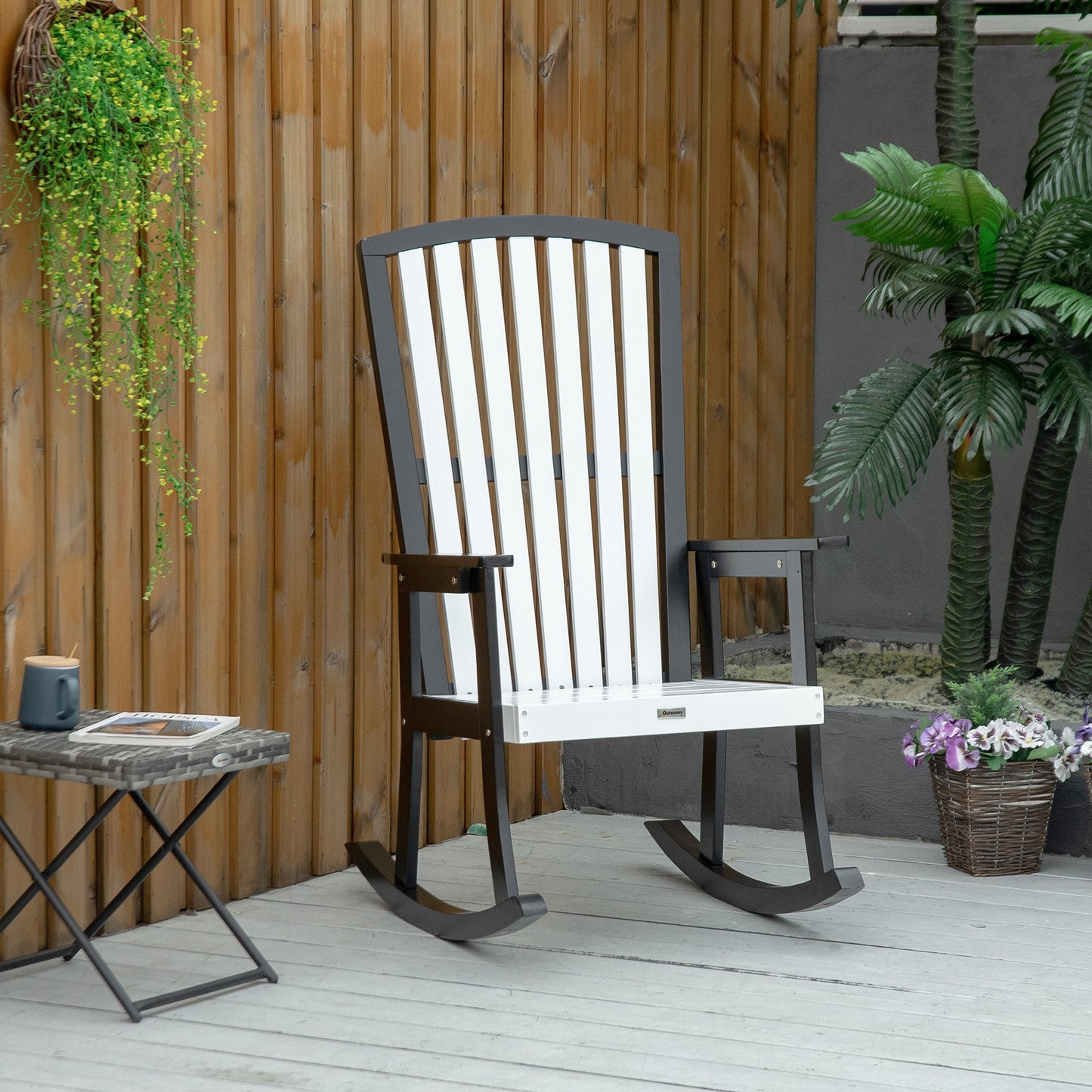 Outsunny Wooden Rocking Chair, Traditional Porch Rocker, Fade-Resistant Patio Rocker Chair for Outdoor Indoor Use, White and Black | Aosom Canada