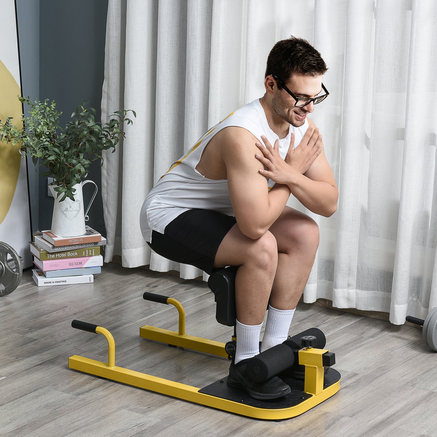 Soozier Multifunction Adjustable Squat Machine Deep Sissy Squat Leg Exerciser Push Up Ab Strength Training Home Gym Workout Yellow | Aosom Canada