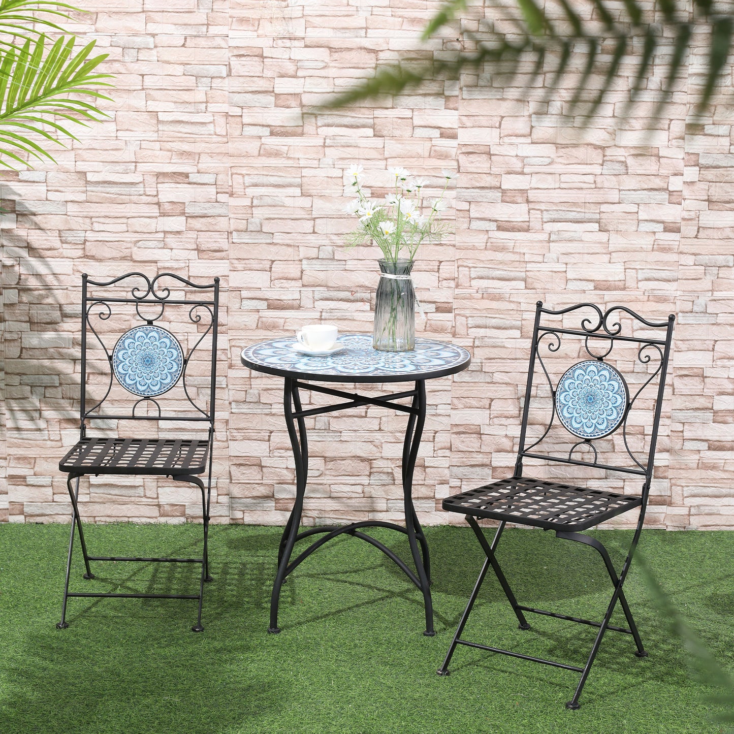 Outsunny 3-Piece Outdoor Bistro Set Garden Coffee Table Set with Mosaic Top for Patio, Balcony, Poolside, Blue | Aosom Canada