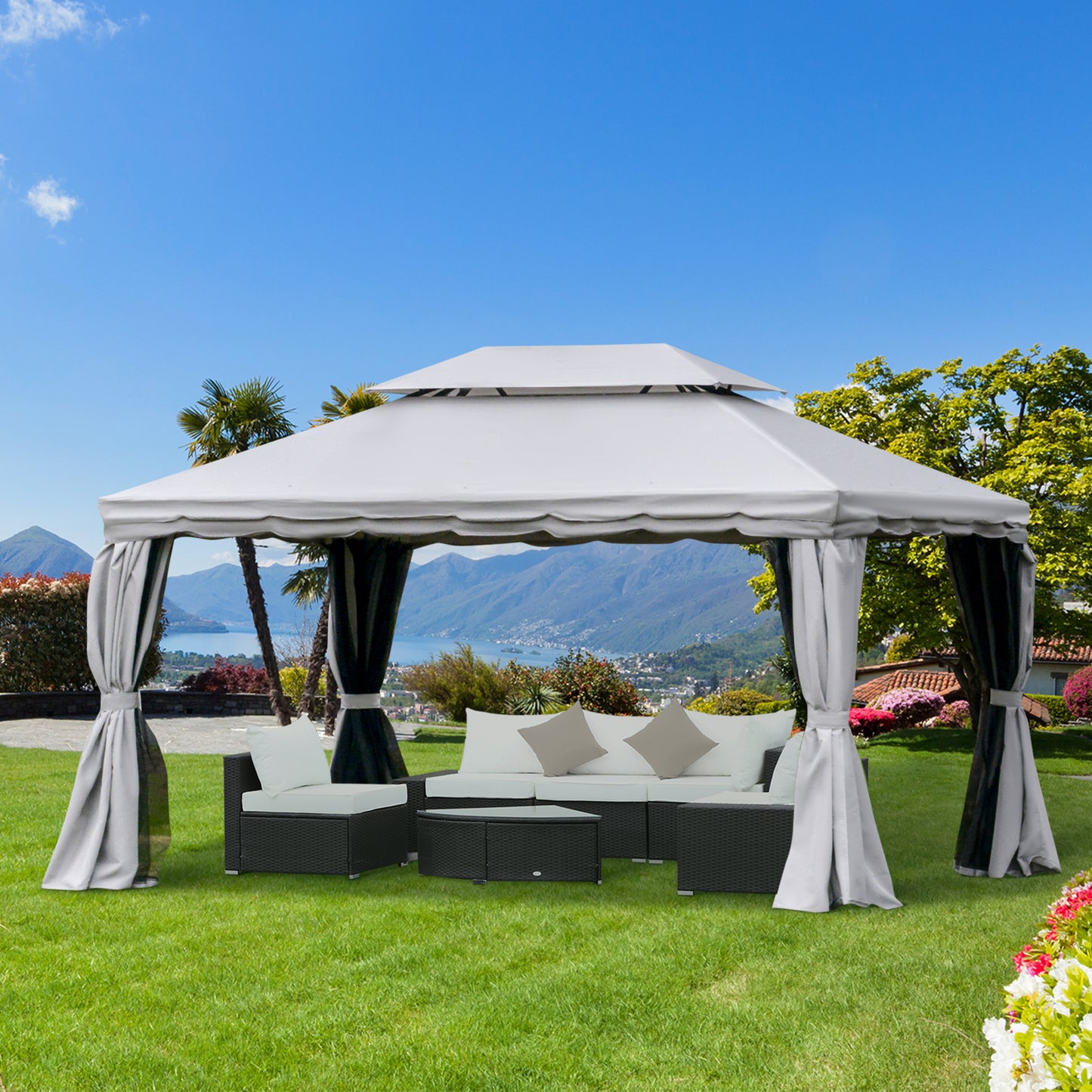 Outsunny 13' x 10' Outdoor Patio Gazebo Canopy with 2-Tier Polyester Roof, Vented Mesh Sidewall & Strong Aluminum Frame, Light Grey | Aosom Canada