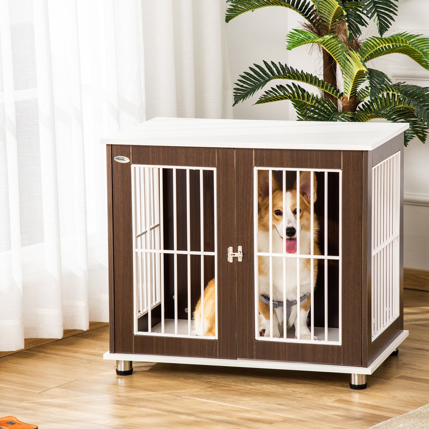 PawHut 34" Wooden Dog Cage, Modern Wire Dog Crate, Pet Kennel with Door, Lock, for Small and Medium Dogs, Coffee and White | Aosom Canada