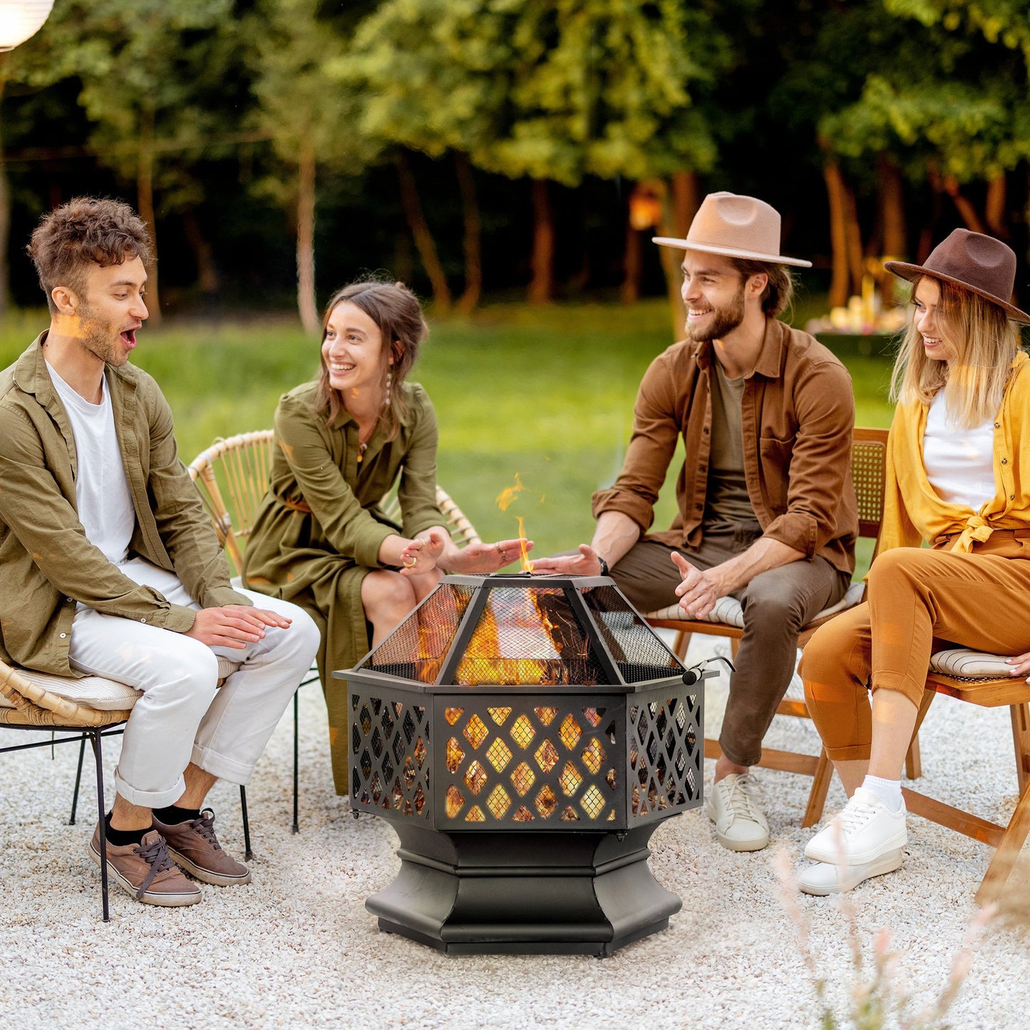 Outsunny Outdoor Fire Pit with Screen Cover, Portable Wood Burning Firebowl with Poker for Patio, Backyard, Black | Aosom Canada