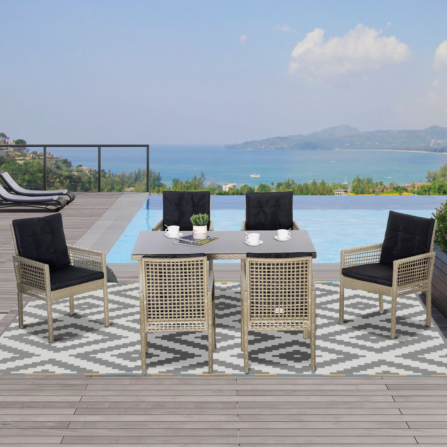 Outsunny 7 Pieces Outdoor PE Rattan Dining Set, Patio Wicker Armrests Chair Conversation Furniture w/ Tempered Glass Table Top, Black | Aosom Canada