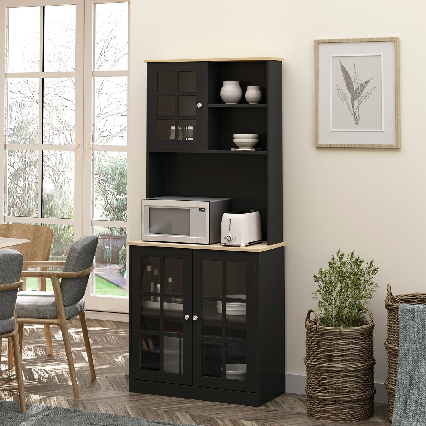 HOMCOM Kitchen Buffet with Hutch, Storage Pantry with 3 Cabinets, 2 Open Shelves and Large Countertop, Black | Aosom Canada