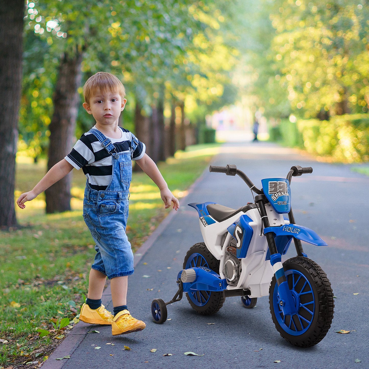 Aosom Kids Dirt Bike Battery-Powered Ride-On Electric Motorcycle with Charging 12V Battery, Training Wheels Blue | Aosom Canada