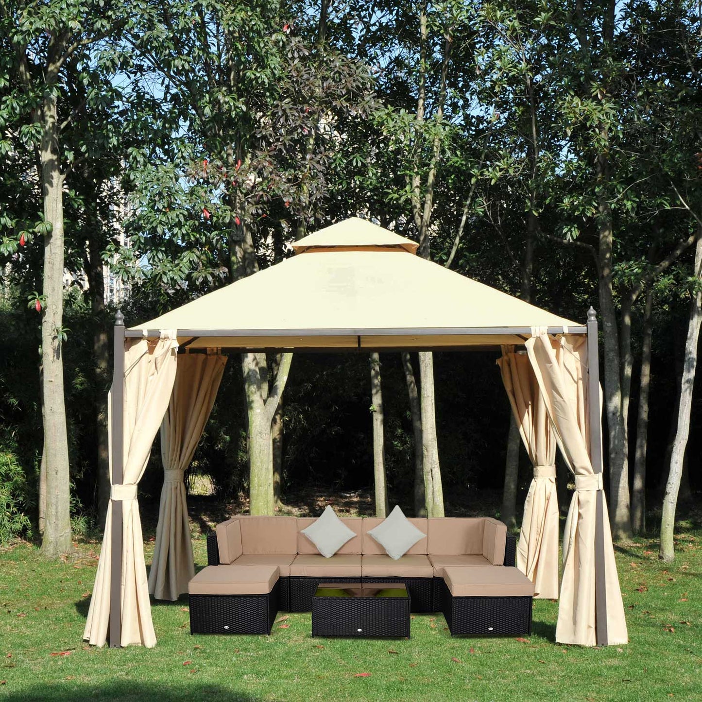 Outsunny 10x10ft Gazebo Canopy Double-tire Garden Shelter Outdoor Sun Shade with Curtains, Beige | Aosom Canada