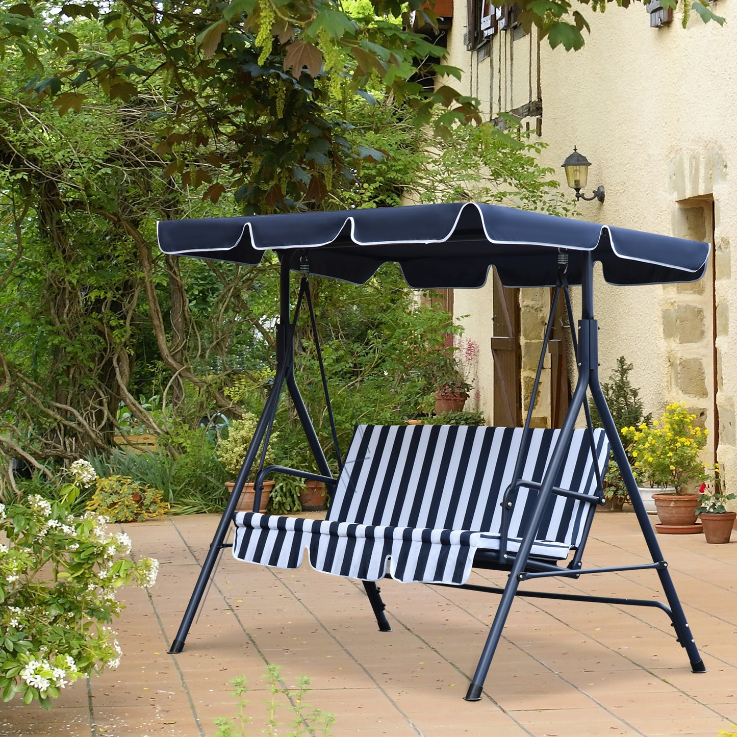 Outsunny Meatal 3-Seater Outdoor Swing Chair Cushioned Garden Lounger Patio Hammock with Frame and Canopy Blue Stripe | Aosom Canada
