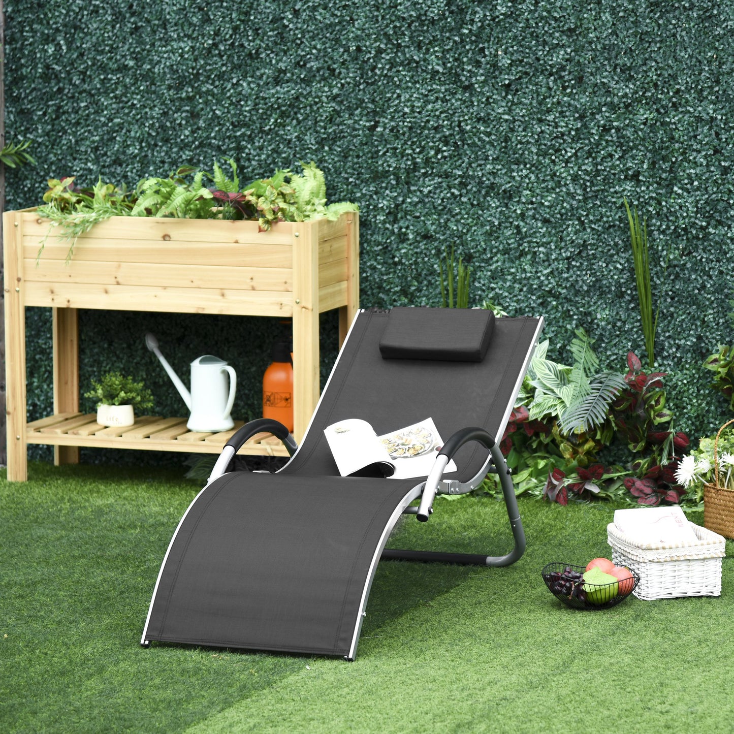 Outsunny Ergonomic Lounger Chair Portable Armchair with Removable Headrest Pillow for Garden Patio Outside All Aluminum Frame Black | Aosom Canada