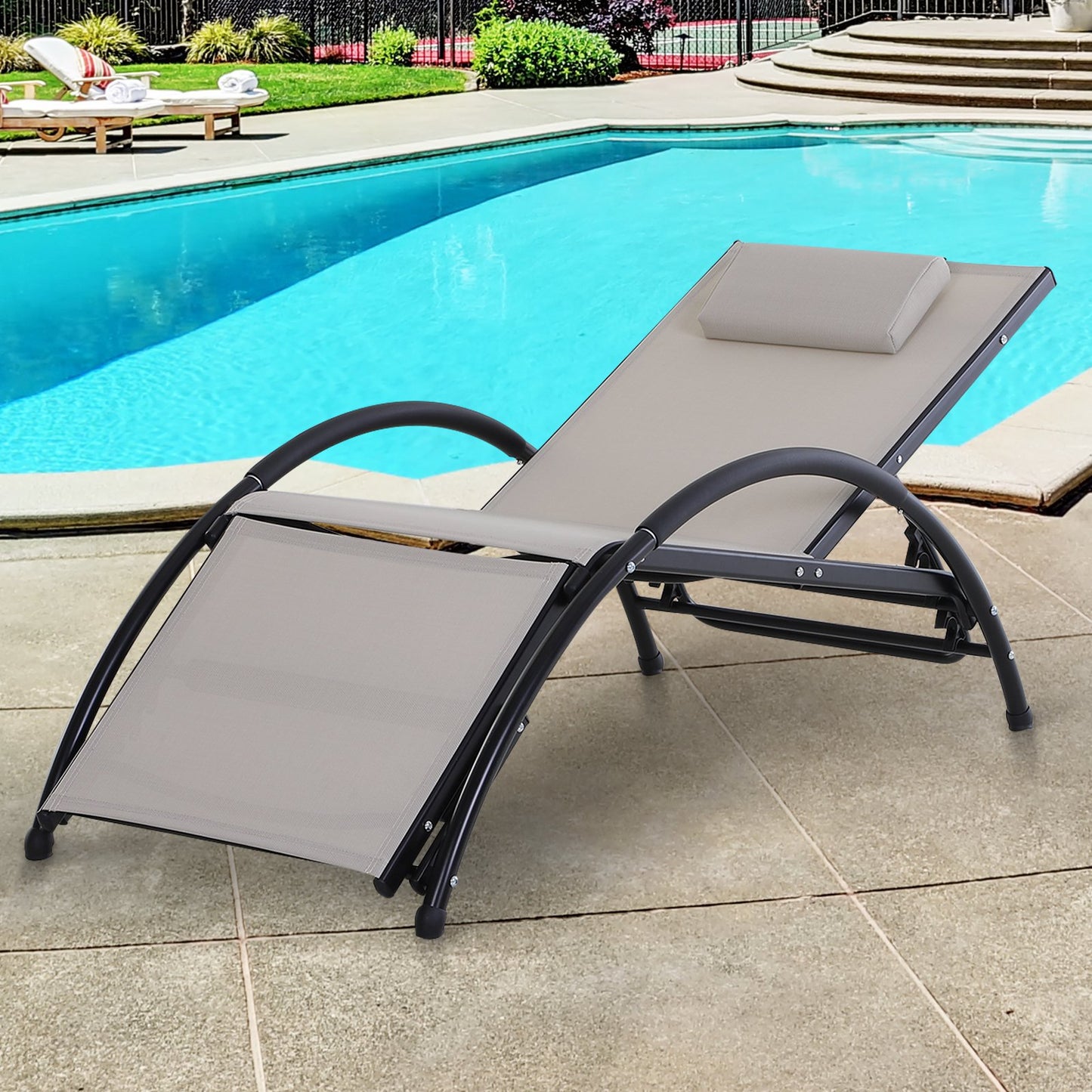 Outsunny Outdoor Lounger Patio Reclining Texteline Chair w/ Pillow, Adjustable Footrest Beige | Aosom Canada