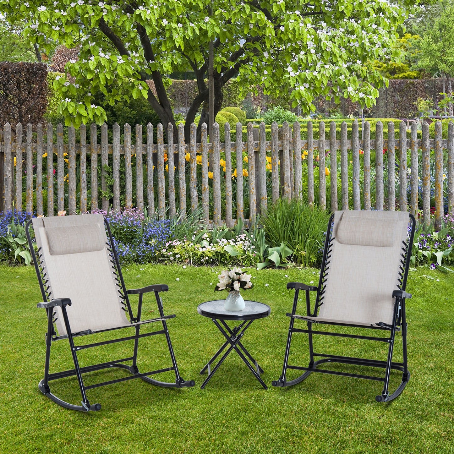 Outsunny 3 Piece Outdoor Rocking Chair Patio Table Seating Set Rocker Bistro Sling Mesh Lounger Coffee Desk Cream White | Aosom Canada