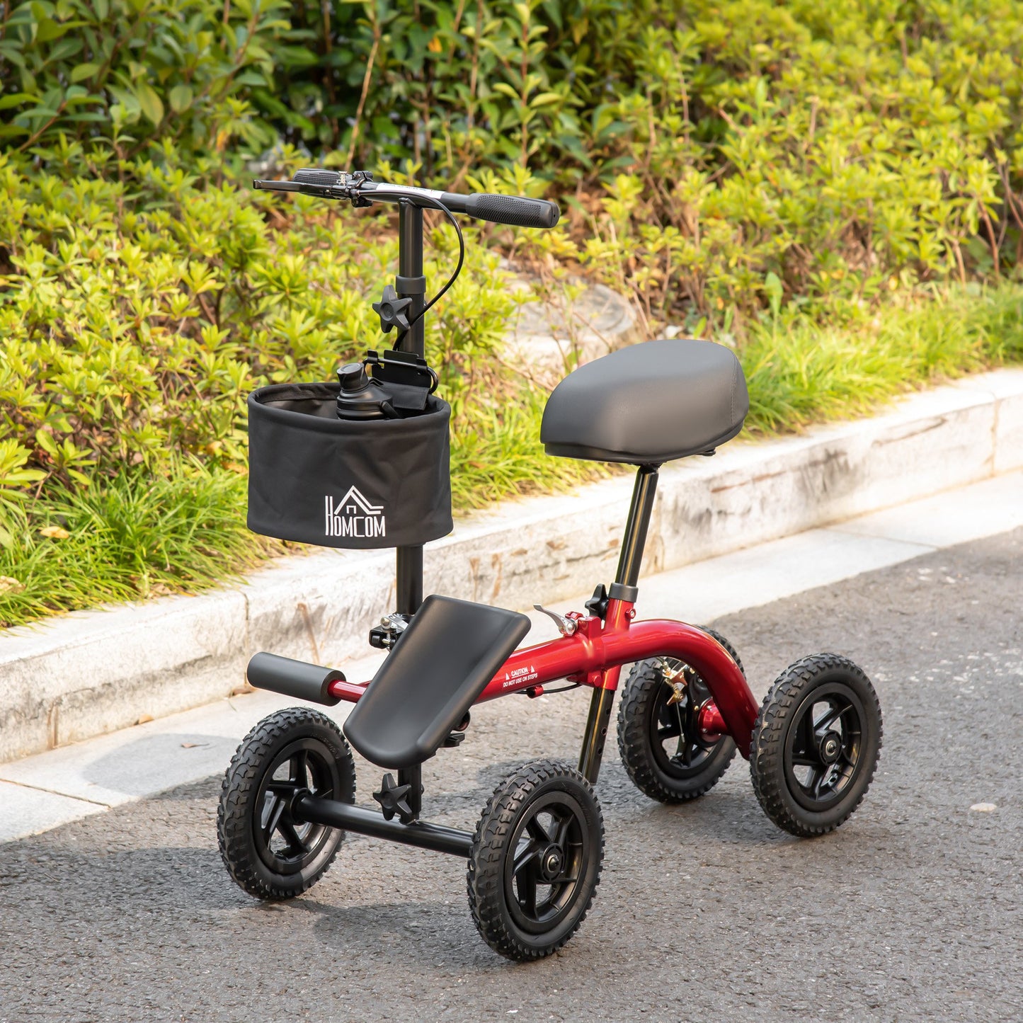 HOMCOM Seated Knee Walker, Foldable Knee Scooter, Crutch Alternative with Braking System, Storage Bag for Foot Injuries, Red | Aosom Canada