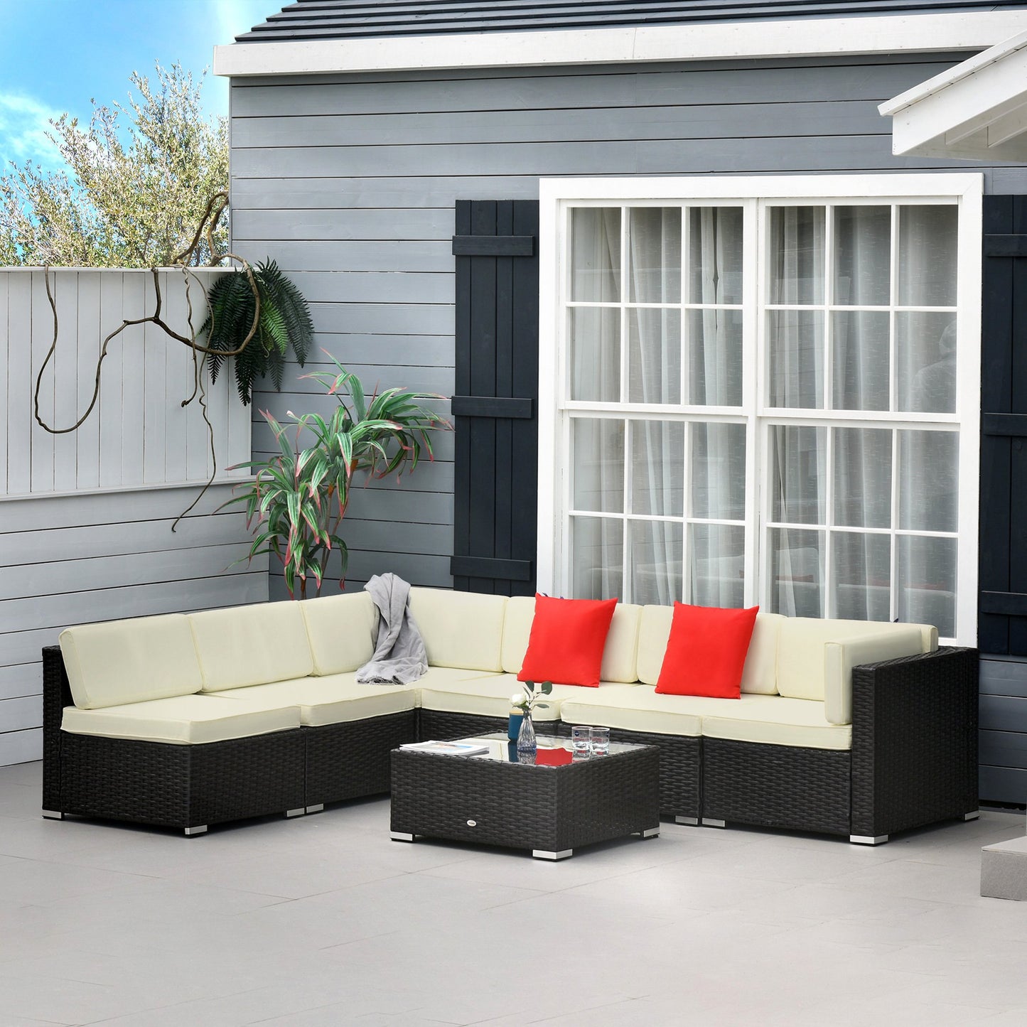 Outsunny 7 Pieces Outdoor Rattan Furniture Set, Patio Wicker Sectional Conversation Sofa Set w/ Cushions, Cream White | Aosom Canada