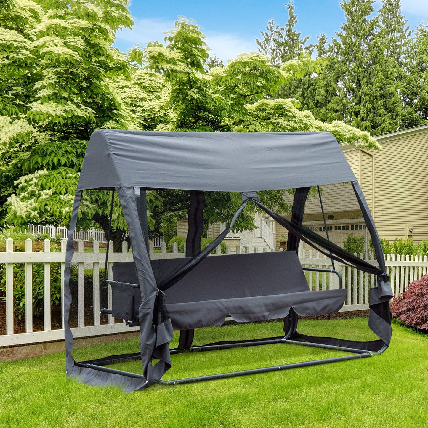 Outsunny 3-Seat Outdoor Swing Chair Full Padded Lounger Bed Garden Hammock w/ Heavy-Duty Steel Stand Canopy and Netting Walls Grey | Aosom Canada