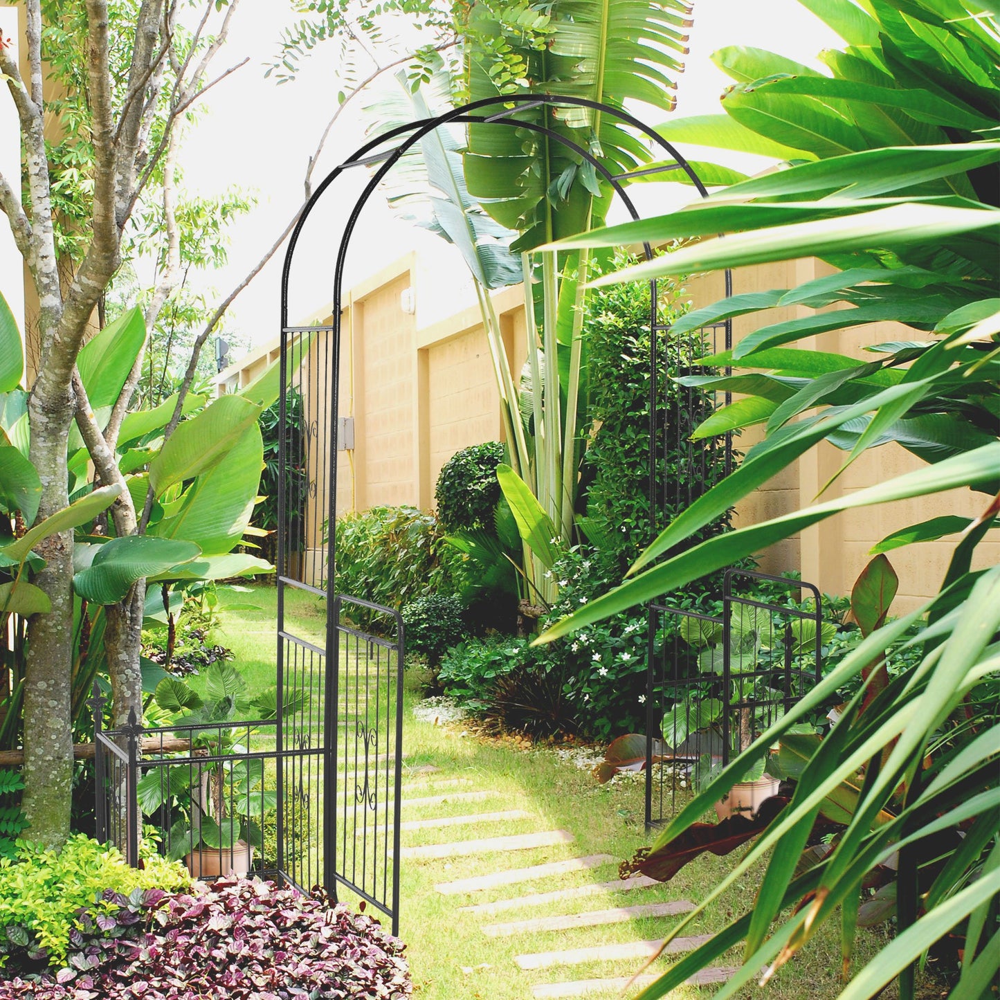 Outsunny 87" Metal Garden Arbor Arch with Double Doors, 2 Side Planter Baskets, Climbing Vine Frame, Black | Aosom Canada