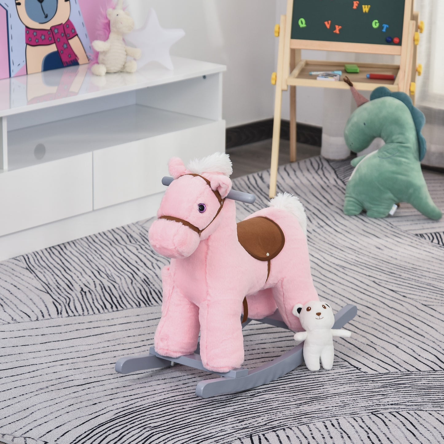 Qaba Kids Plush Ride-On Rocking Horse with Bear Toy, Children Chair with Soft Plush Toy & Fun Realistic Sounds, Pink | Aosom Canada