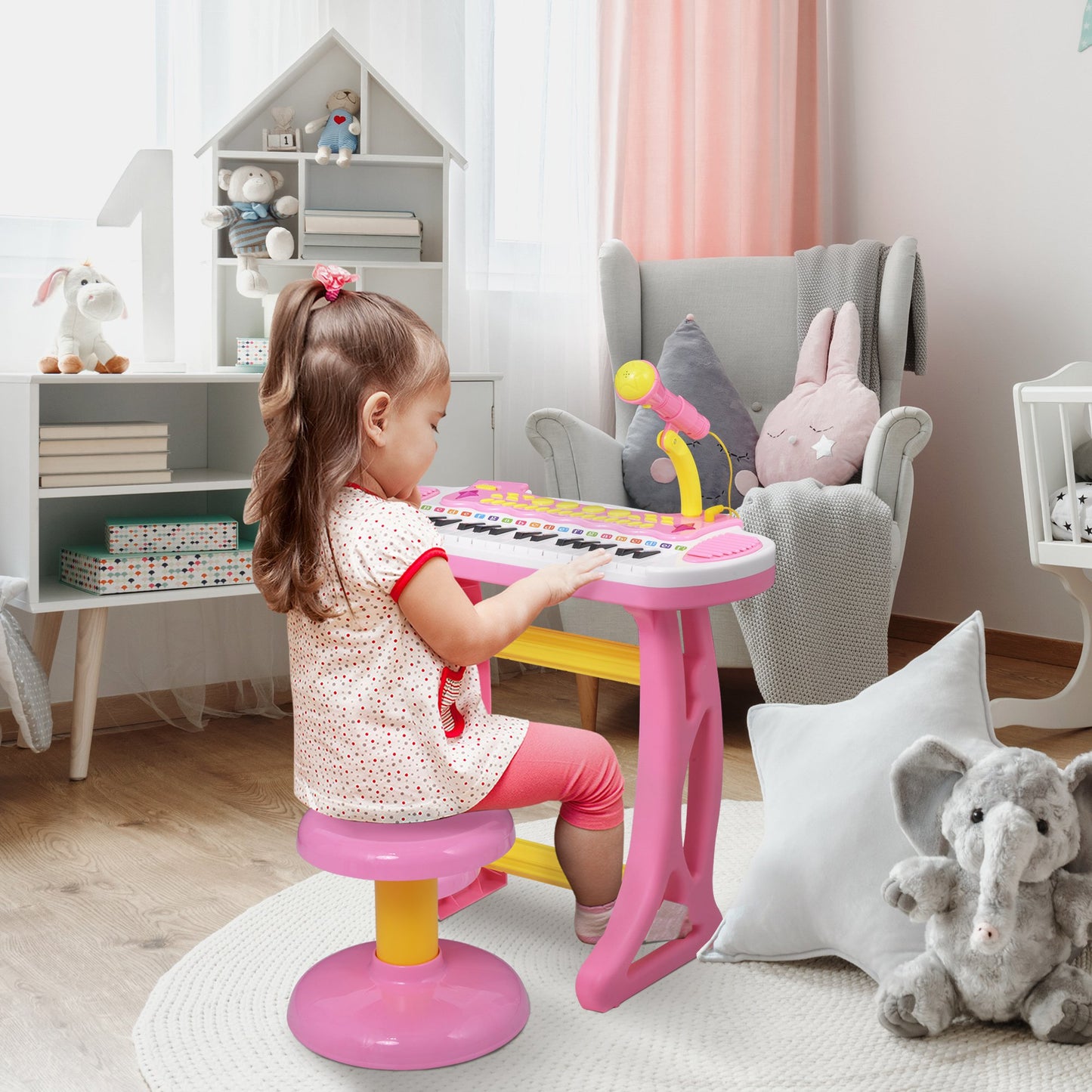 Qaba Kids Toddler Toy Piano Keyboard with Included Sitting Stool, Working Microphone, A Fun Bright Flashlight, Pink | Aosom Canada